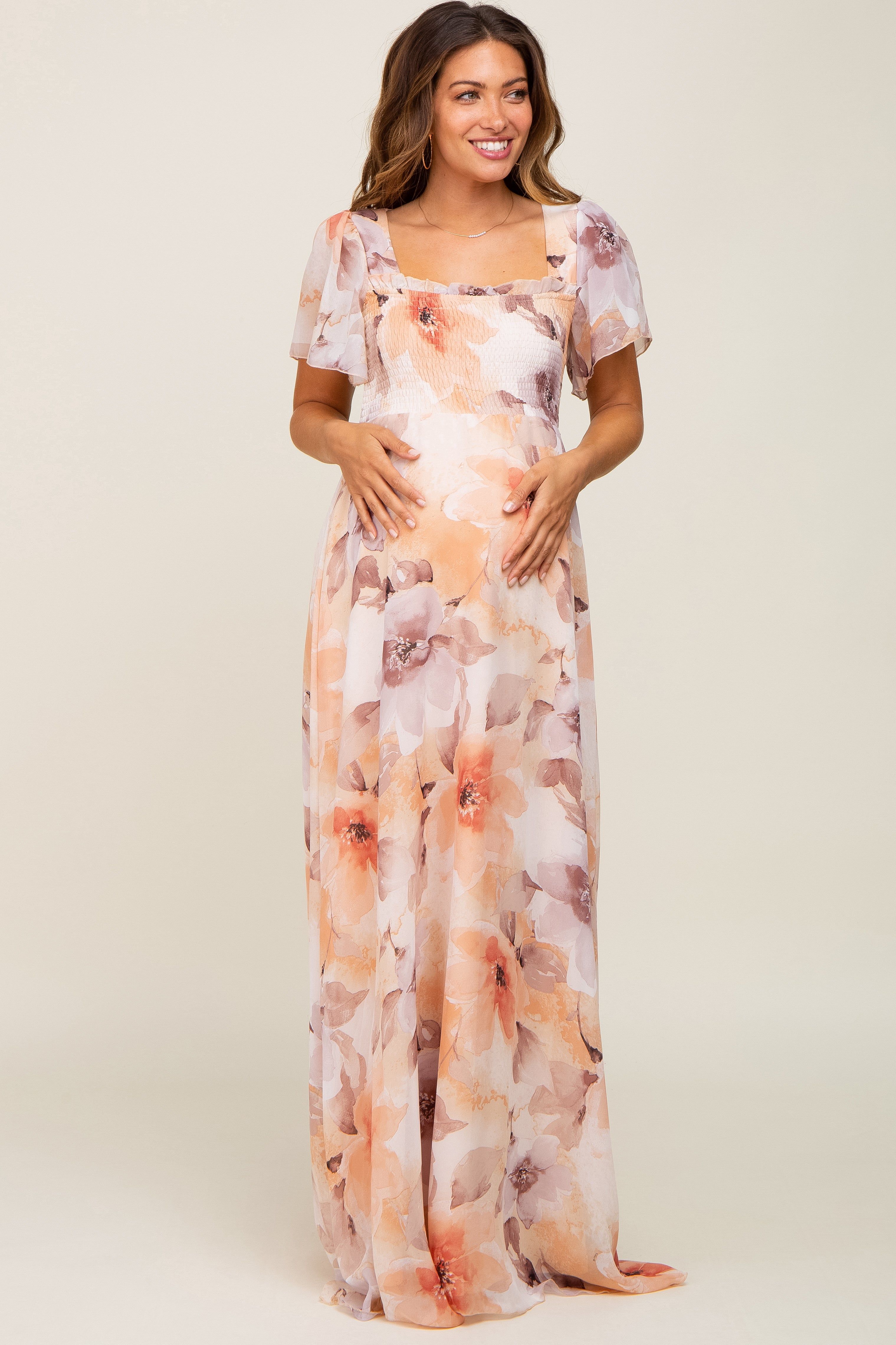 Peach Floral Chiffon Smocked Short Sleeve Maternity Maxi Dress sold by Pinkblush product image thumbnail 2