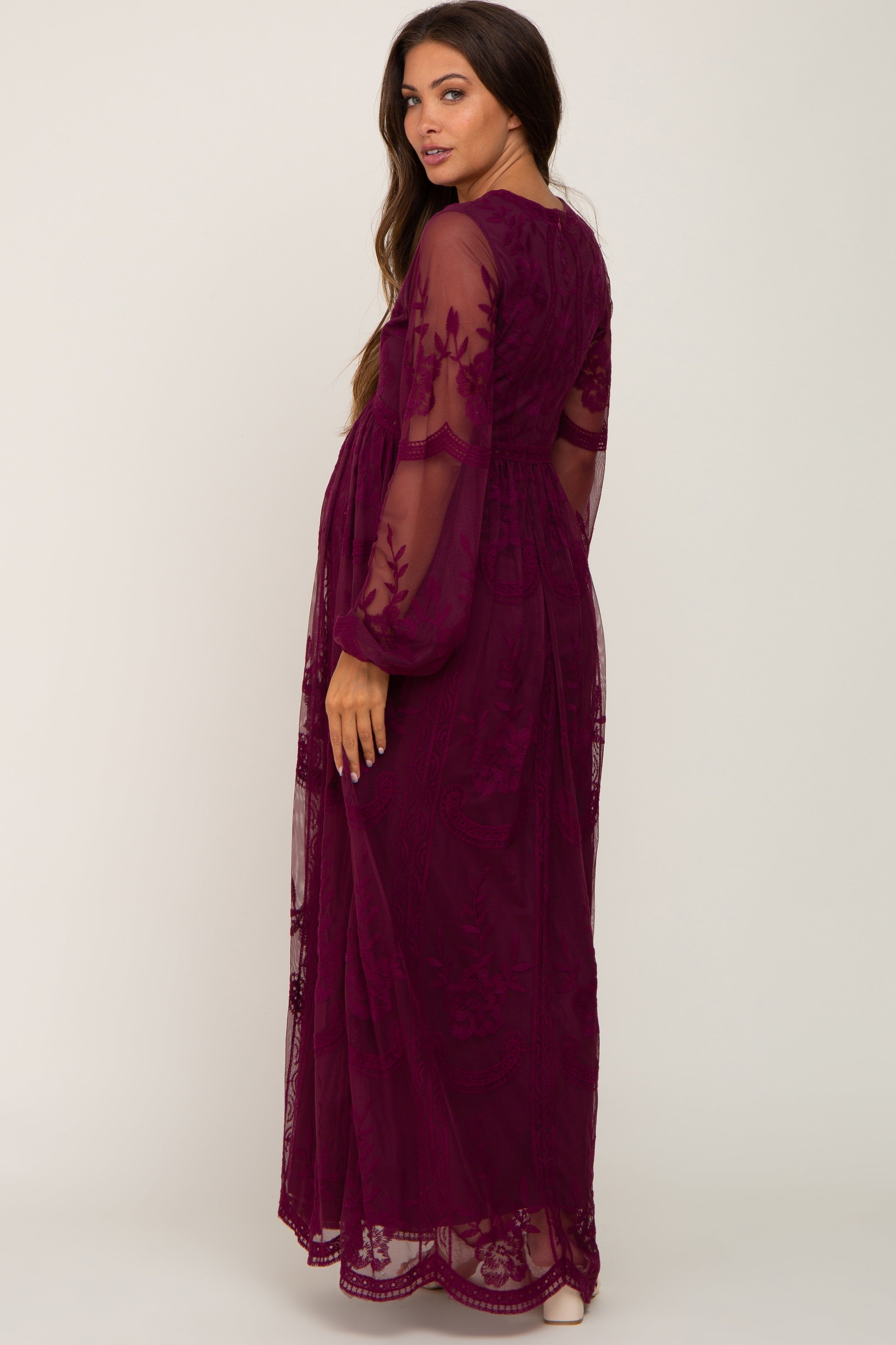 PinkBlush Burgundy Lace Mesh Long Sleeve Maternity Maxi Dress sold by Pinkblush product image thumbnail 3