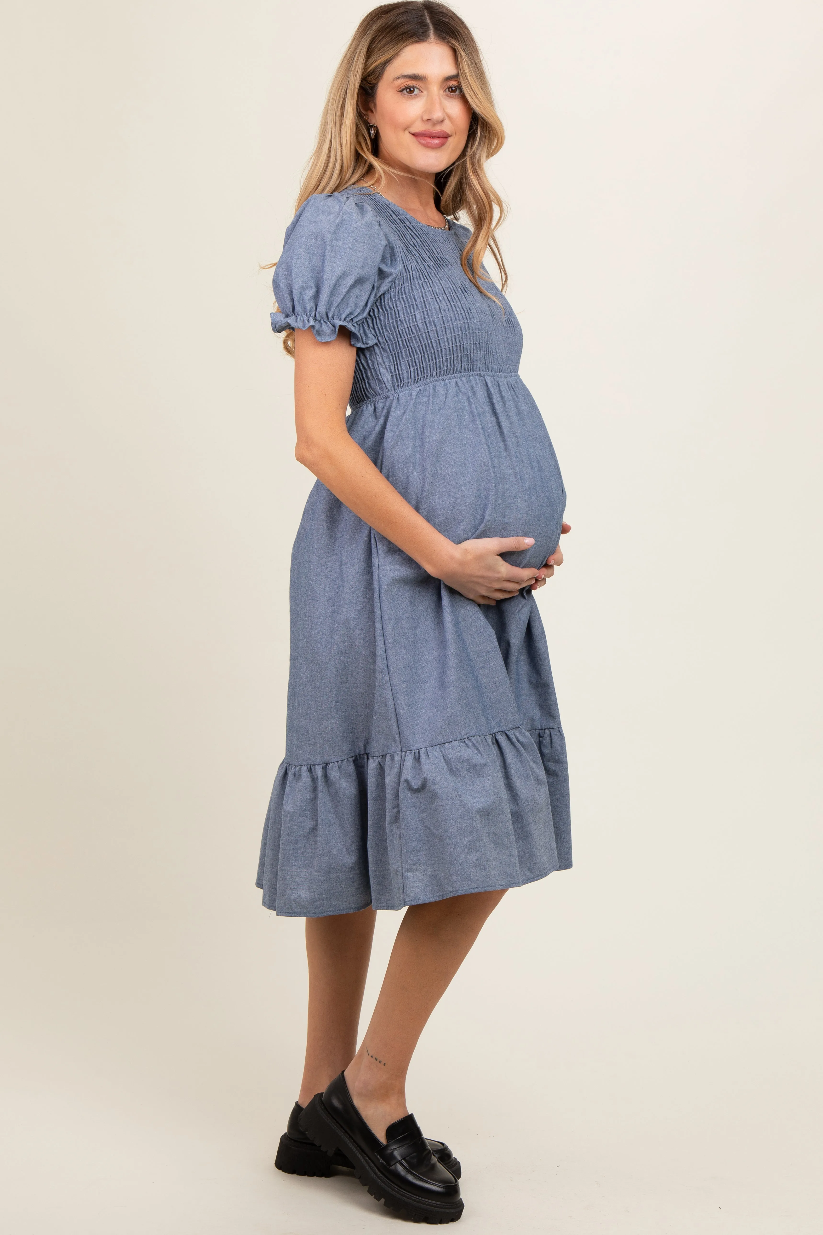 Blue Chambray Smocked Puff Sleeve Maternity Dress sold by Pinkblush product image thumbnail 2