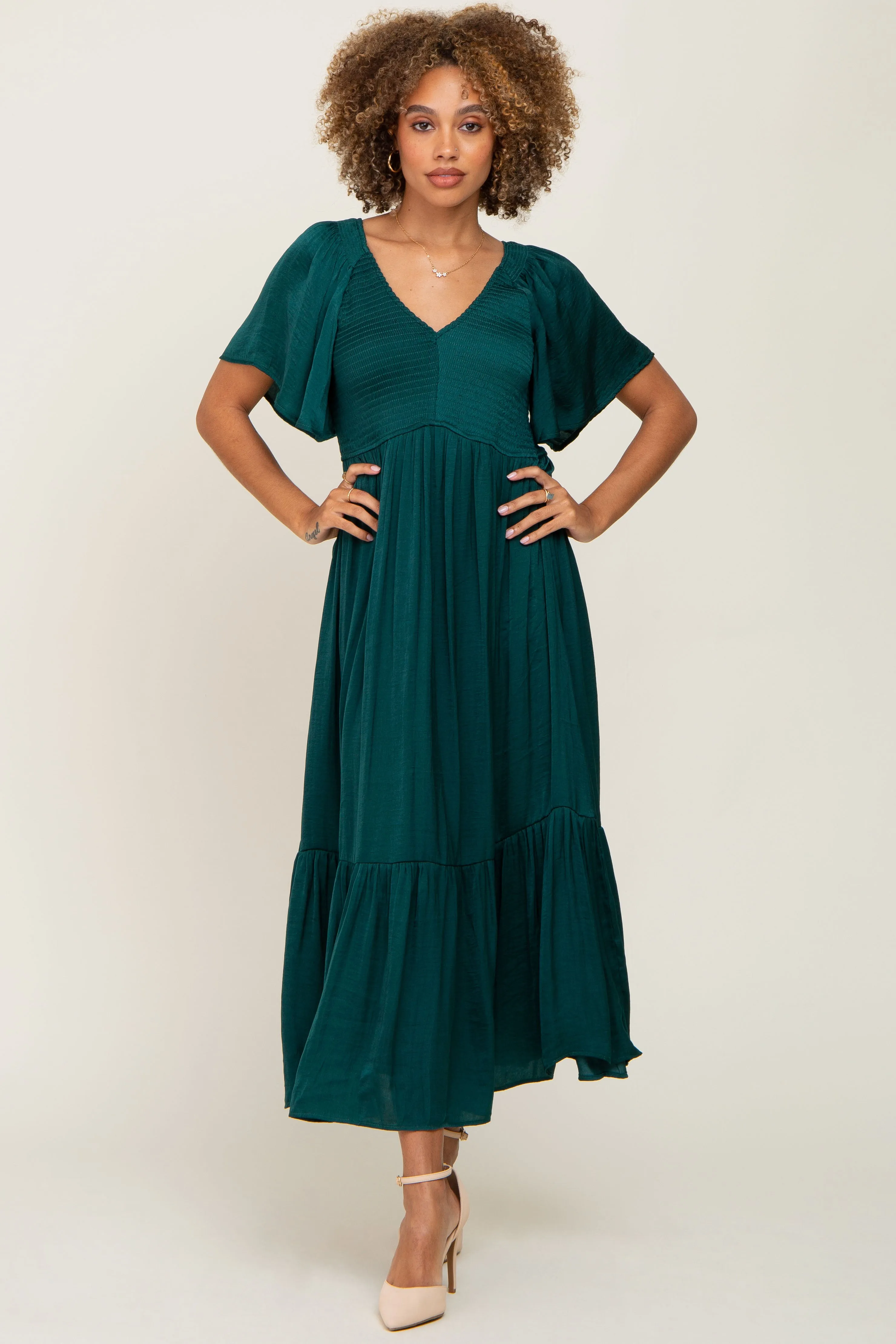 Emerald Satin Smocked Midi Dress sold by Pinkblush product image thumbnail 5