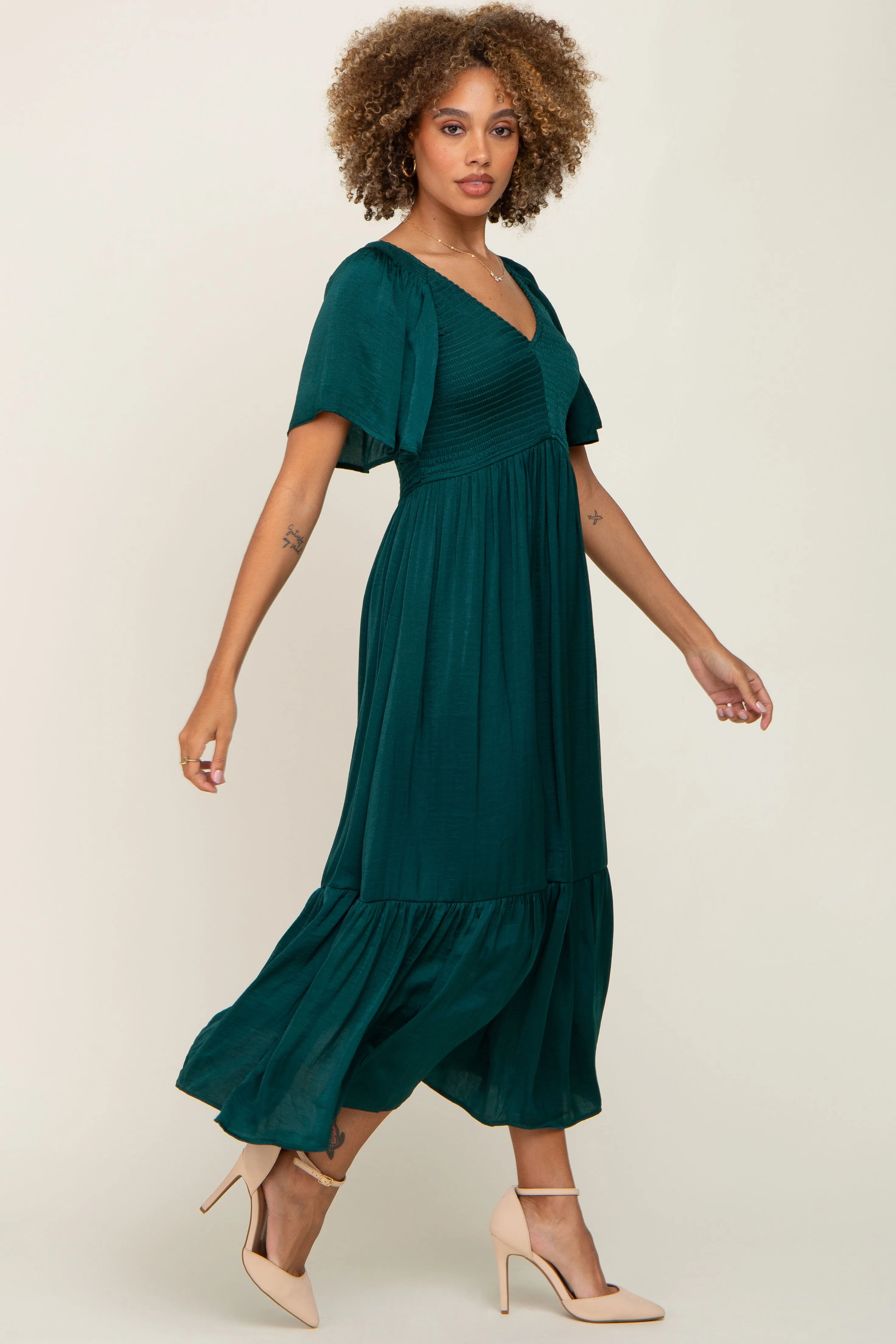 Emerald Satin Smocked Midi Dress sold by Pinkblush product image thumbnail 2