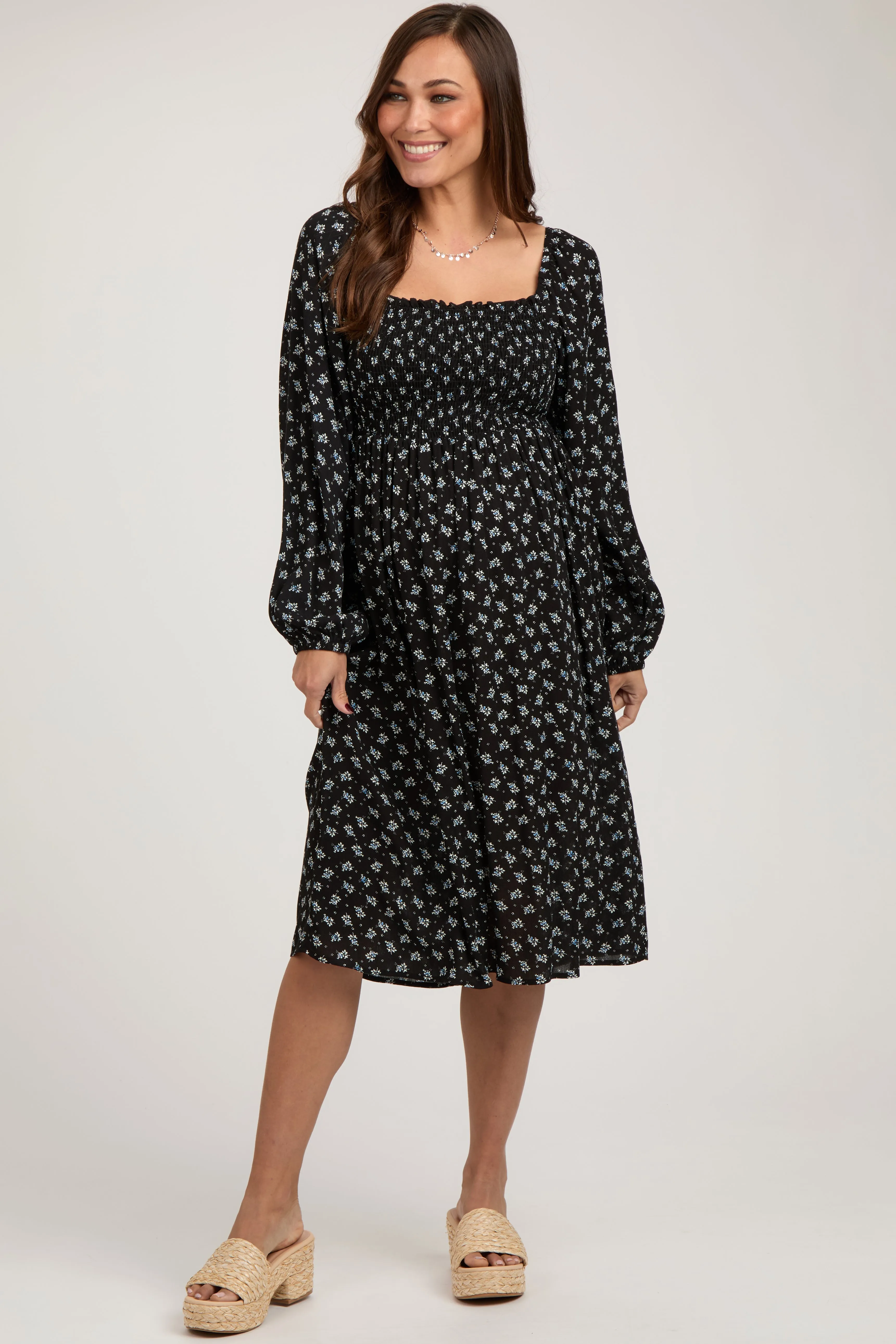 Black Floral Smocked Square Neck Maternity Midi Dress sold by Pinkblush product image thumbnail 2