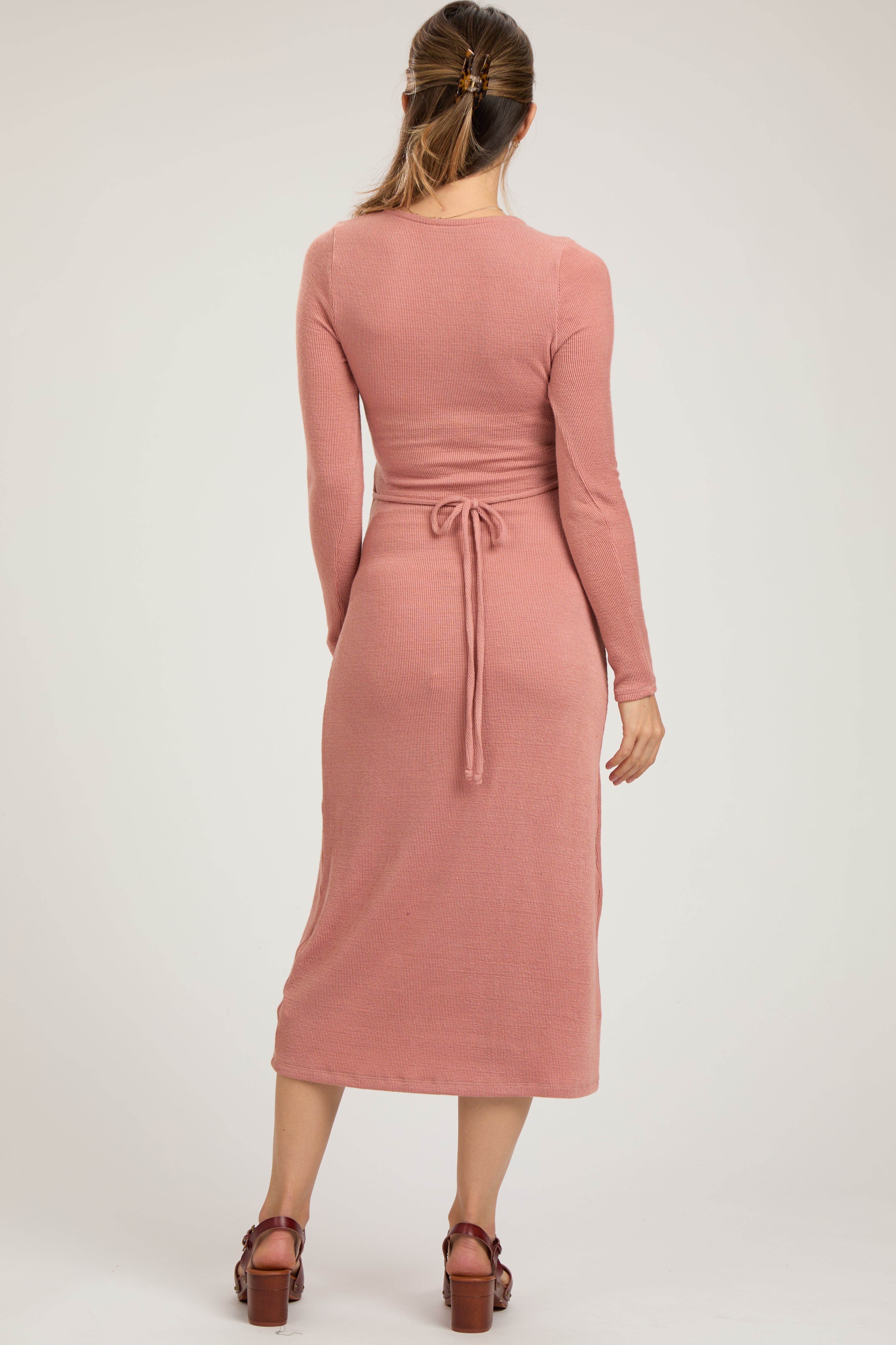 Rust Ribbed Long Sleeve Maternity Wrap Nursing Dress sold by Pinkblush product image thumbnail 2