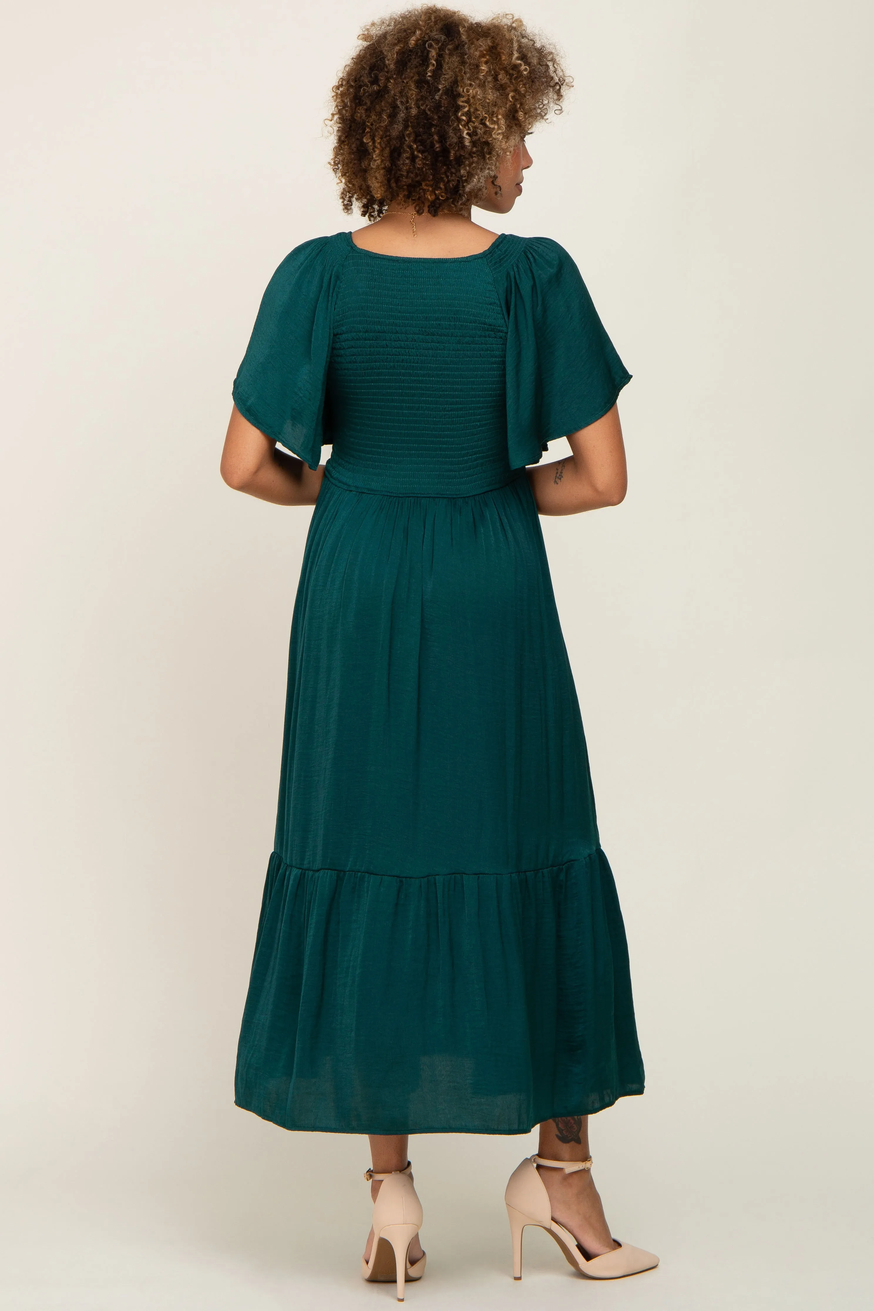 Emerald Satin Smocked Midi Dress sold by Pinkblush product image thumbnail 3