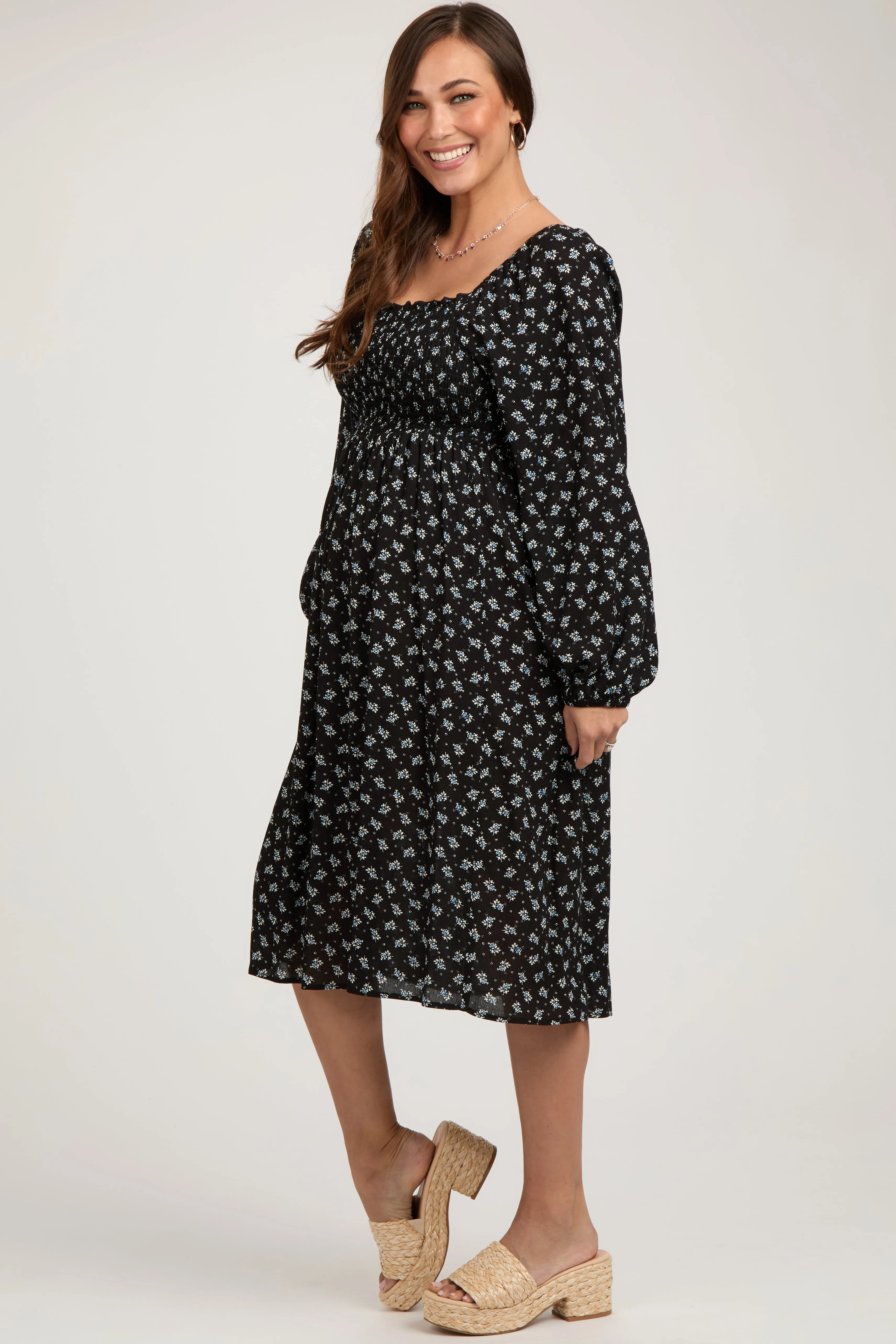 Black Floral Smocked Square Neck Maternity Midi Dress sold by Pinkblush product image thumbnail 3