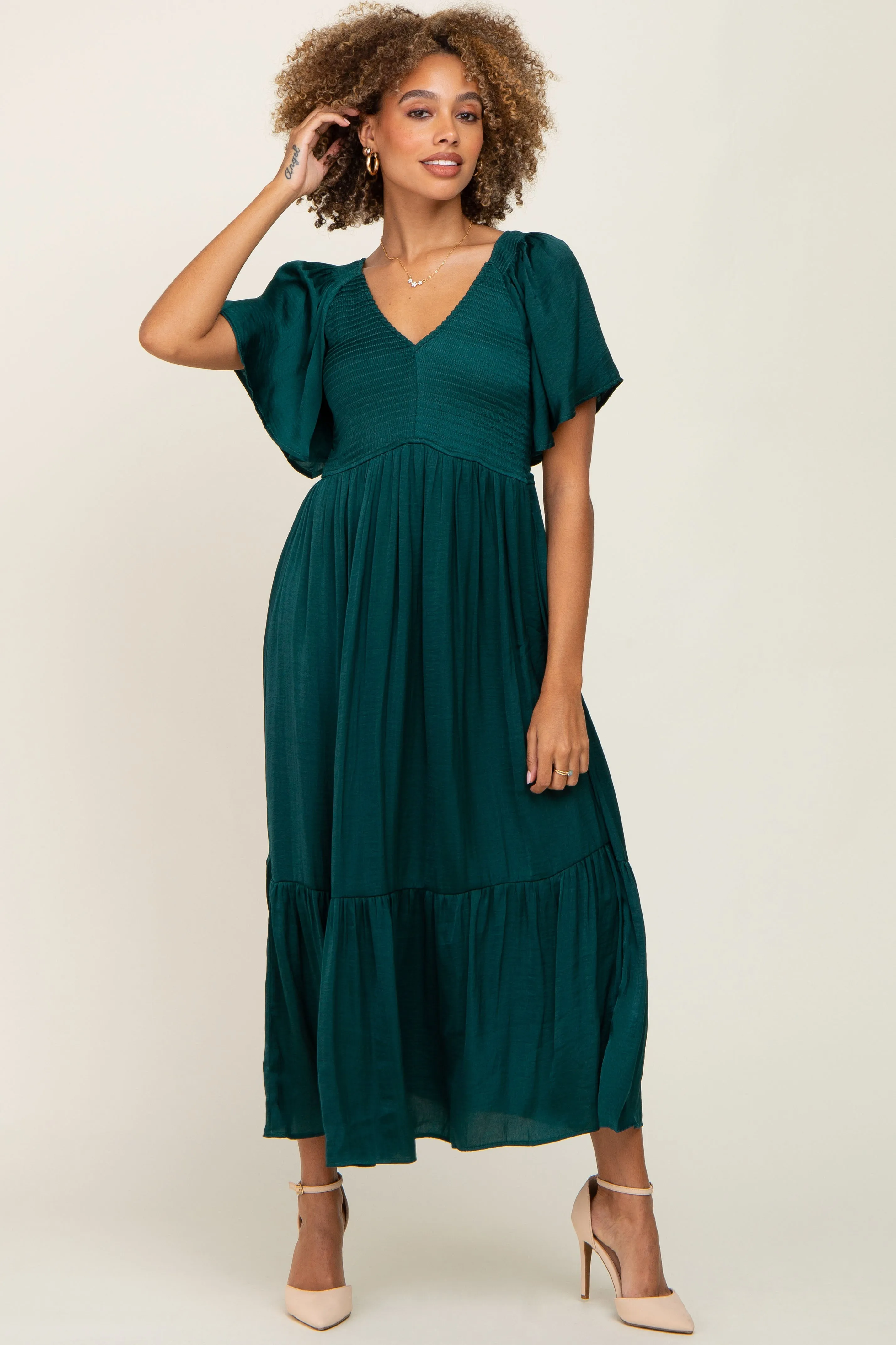 Emerald Satin Smocked Midi Dress sold by Pinkblush product image thumbnail 4
