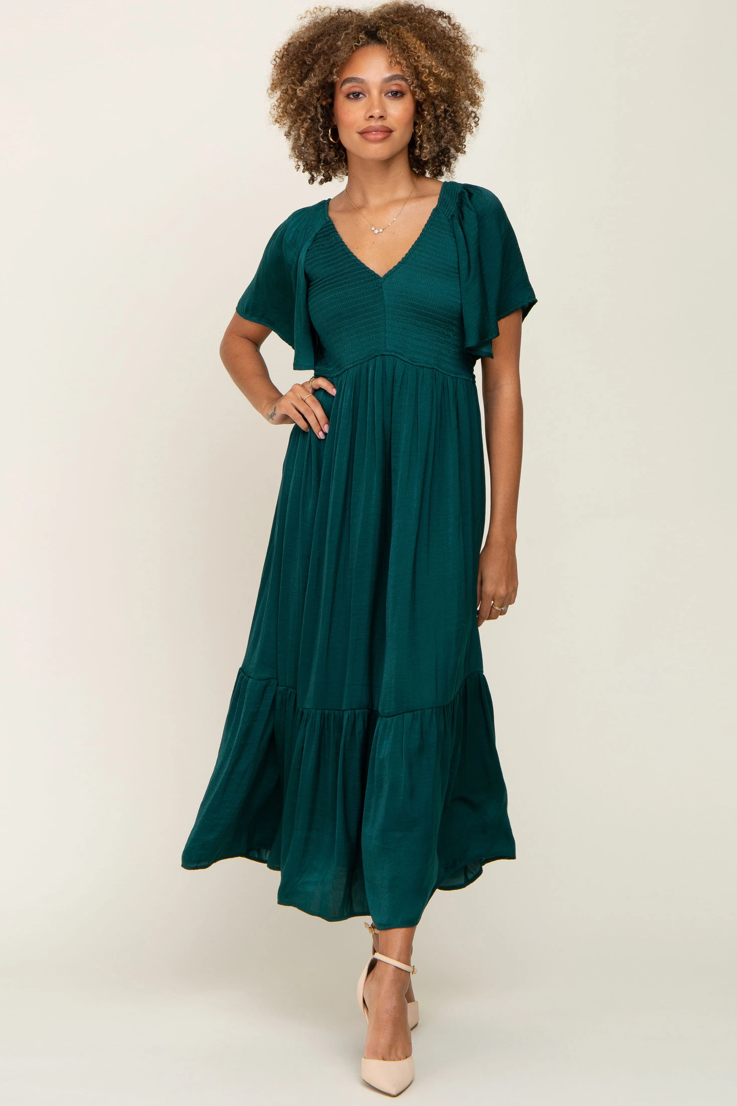 Emerald Satin Smocked Midi Dress sold by Pinkblush