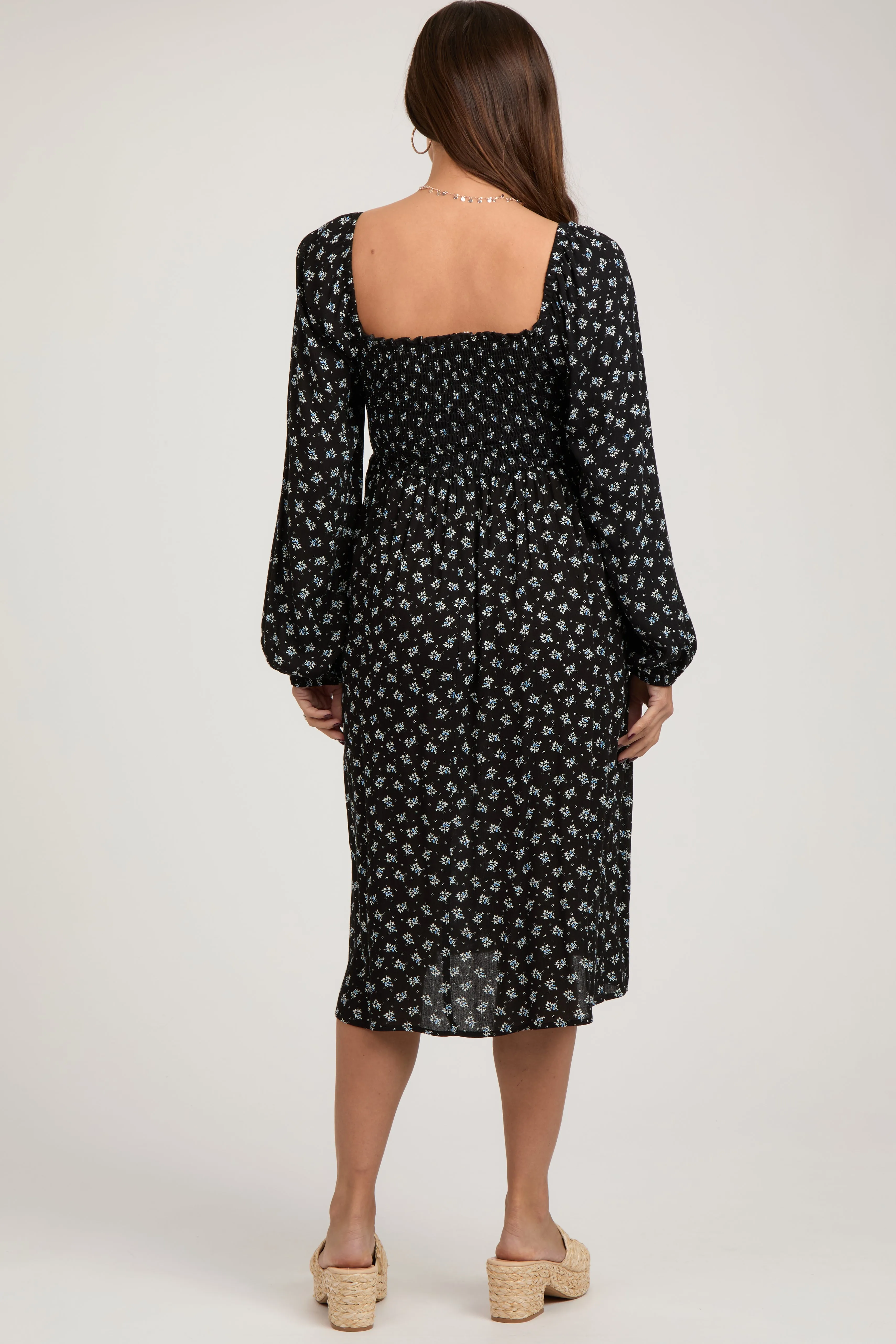 Black Floral Smocked Square Neck Maternity Midi Dress sold by Pinkblush product image thumbnail 4
