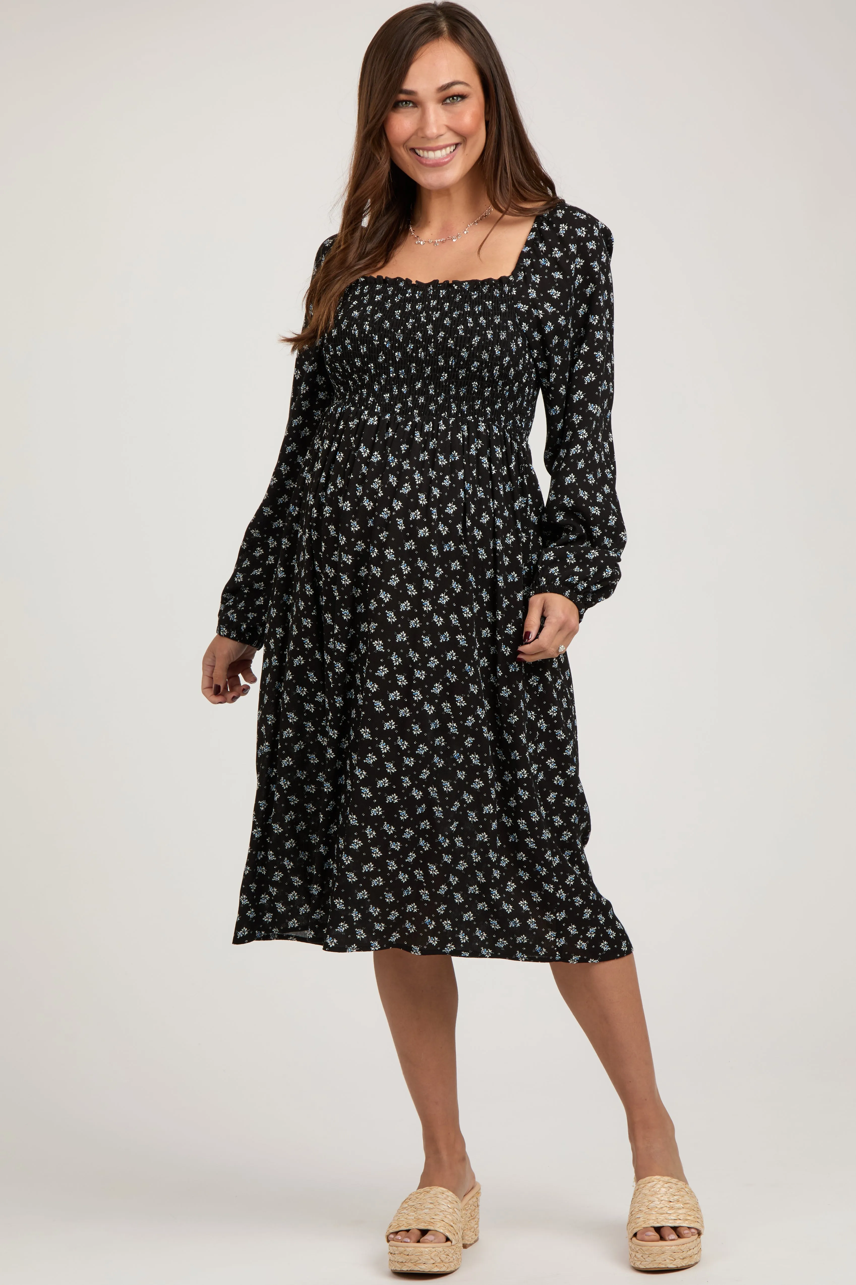 Black Floral Smocked Square Neck Maternity Midi Dress sold by Pinkblush