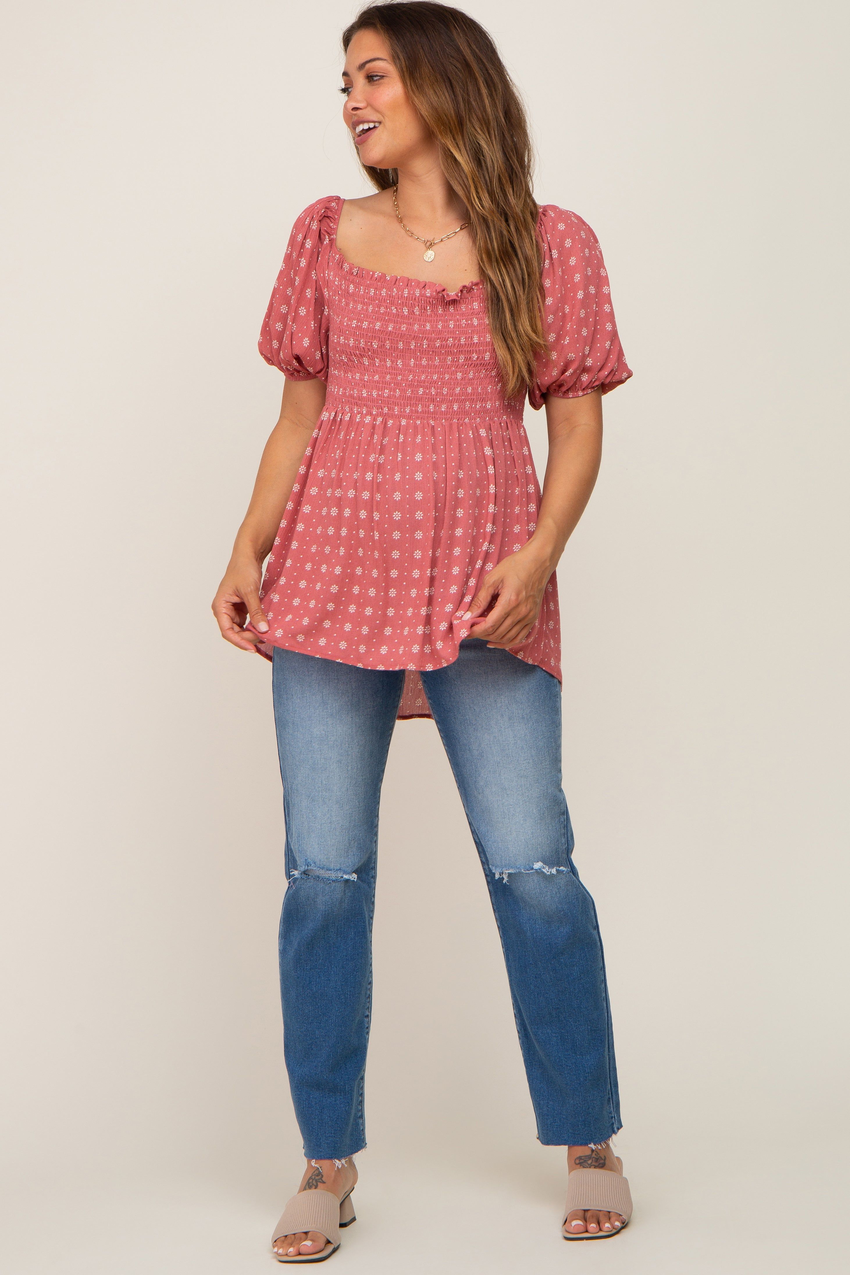 Coral Floral Smocked Maternity Top sold by Pinkblush