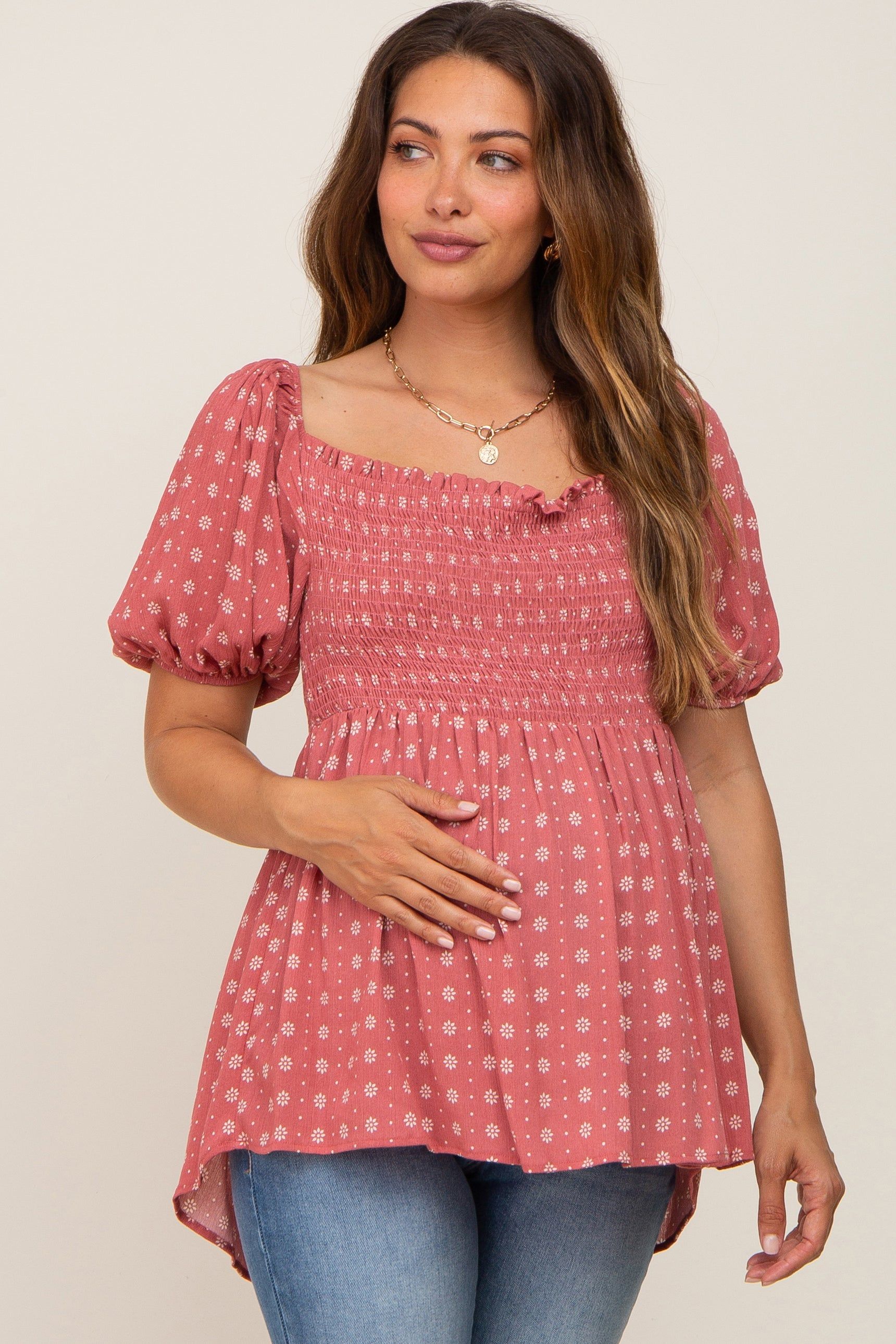 Coral Floral Smocked Maternity Top sold by Pinkblush product image thumbnail 2