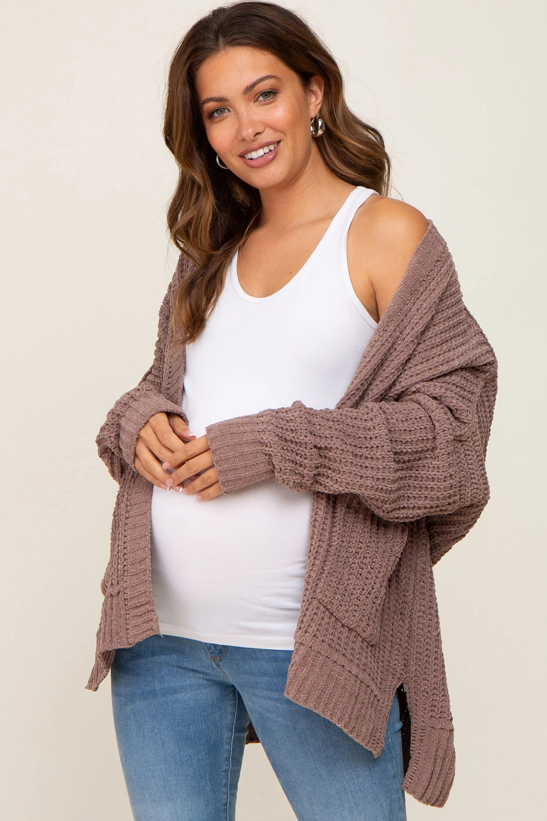Brown Chunky Knit Oversized Maternity Cardigan sold by Pinkblush