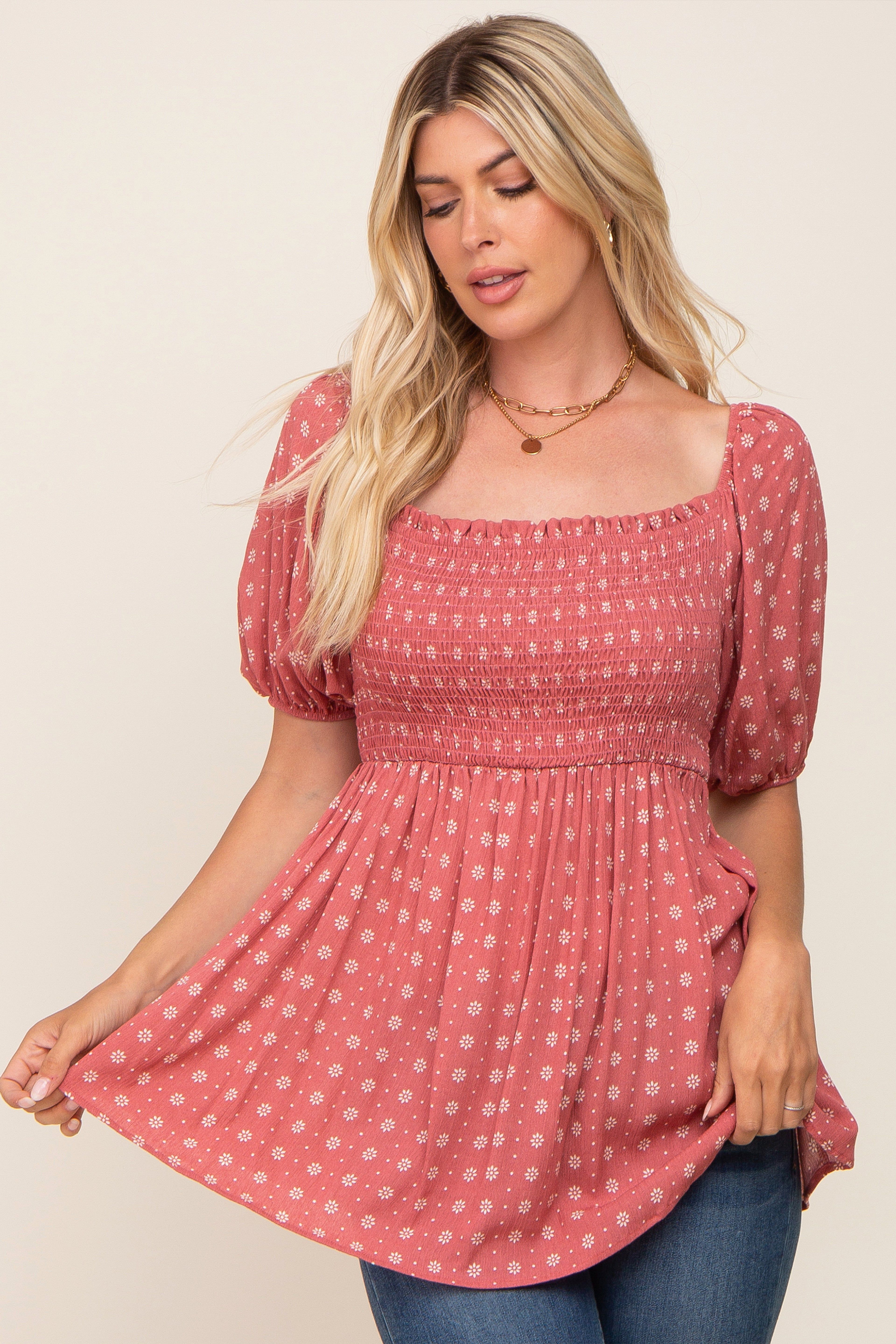 Coral Floral Smocked Maternity Top sold by Pinkblush product image thumbnail 4