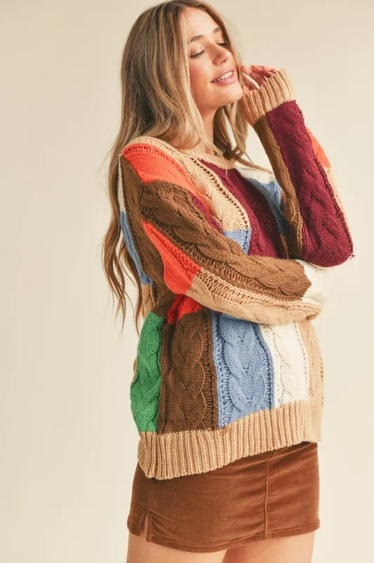 Taupe Multi Color Block Cable Knit Sweater sold by Pinkblush