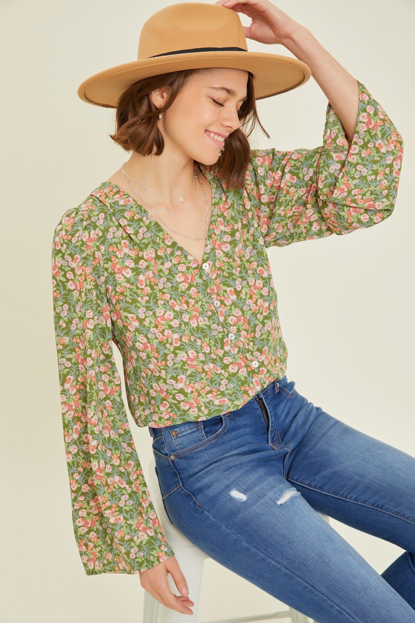 Olive V-Neck Button-Down Floral Bodysuit sold by Pinkblush product image thumbnail 4