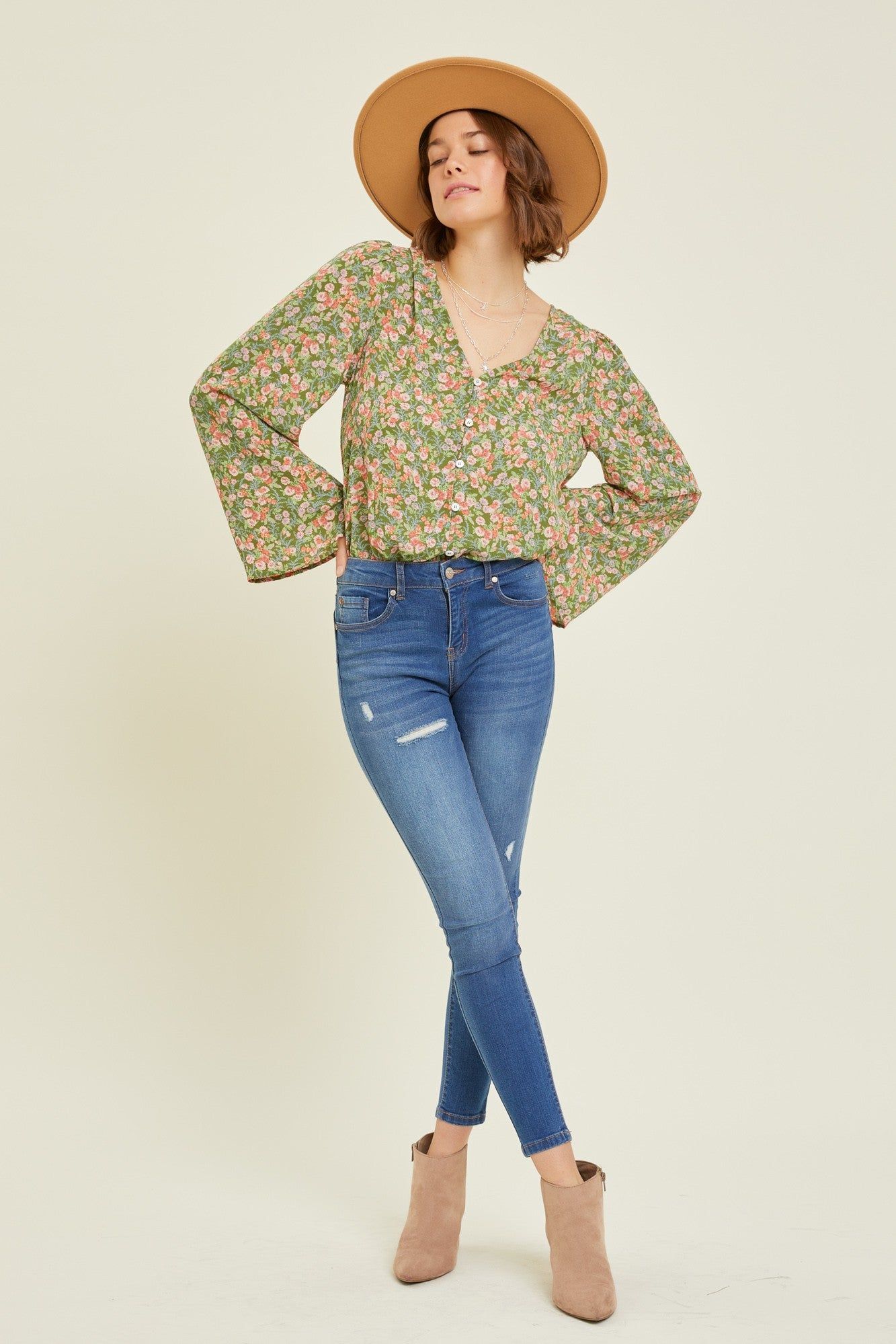 Olive V-Neck Button-Down Floral Bodysuit sold by Pinkblush