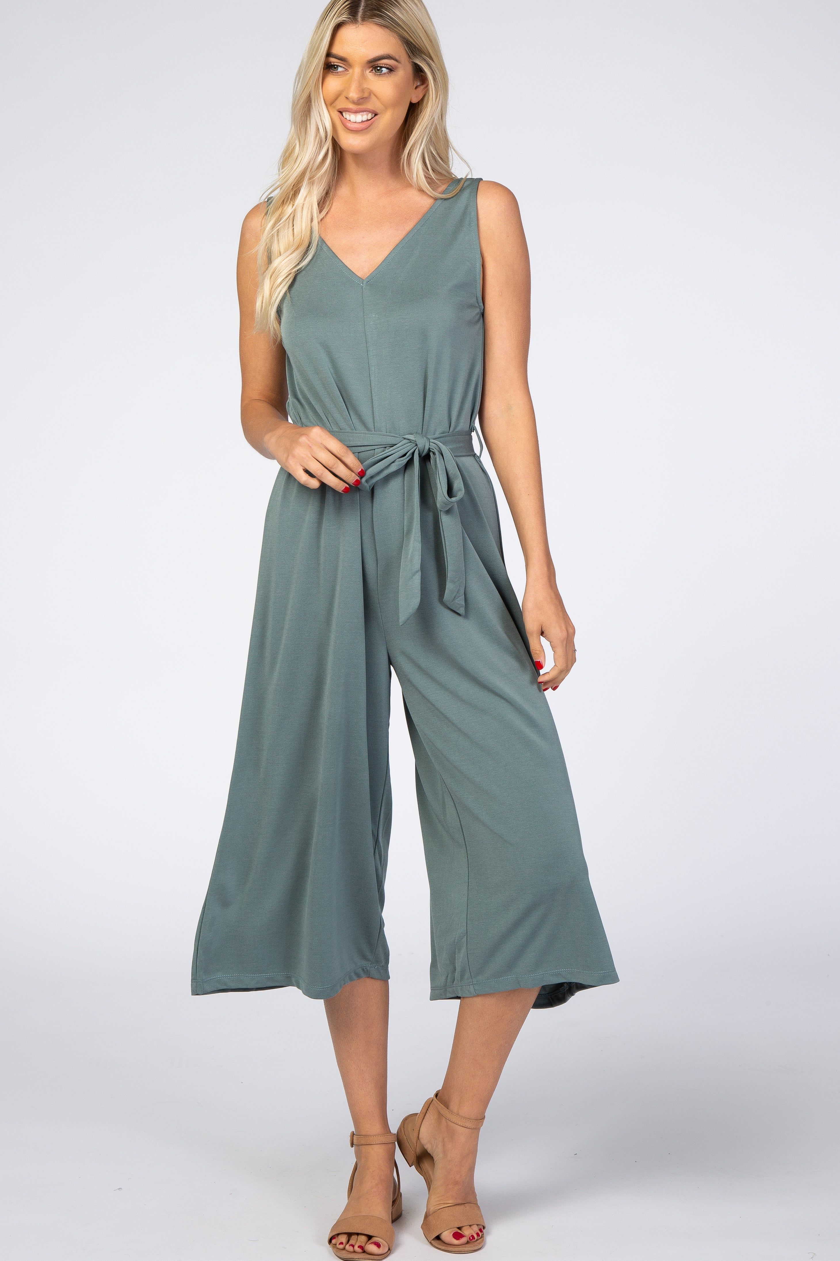 Light Teal V-Neck Tie Waist Maternity Jumpsuit sold by Pinkblush product image thumbnail 4