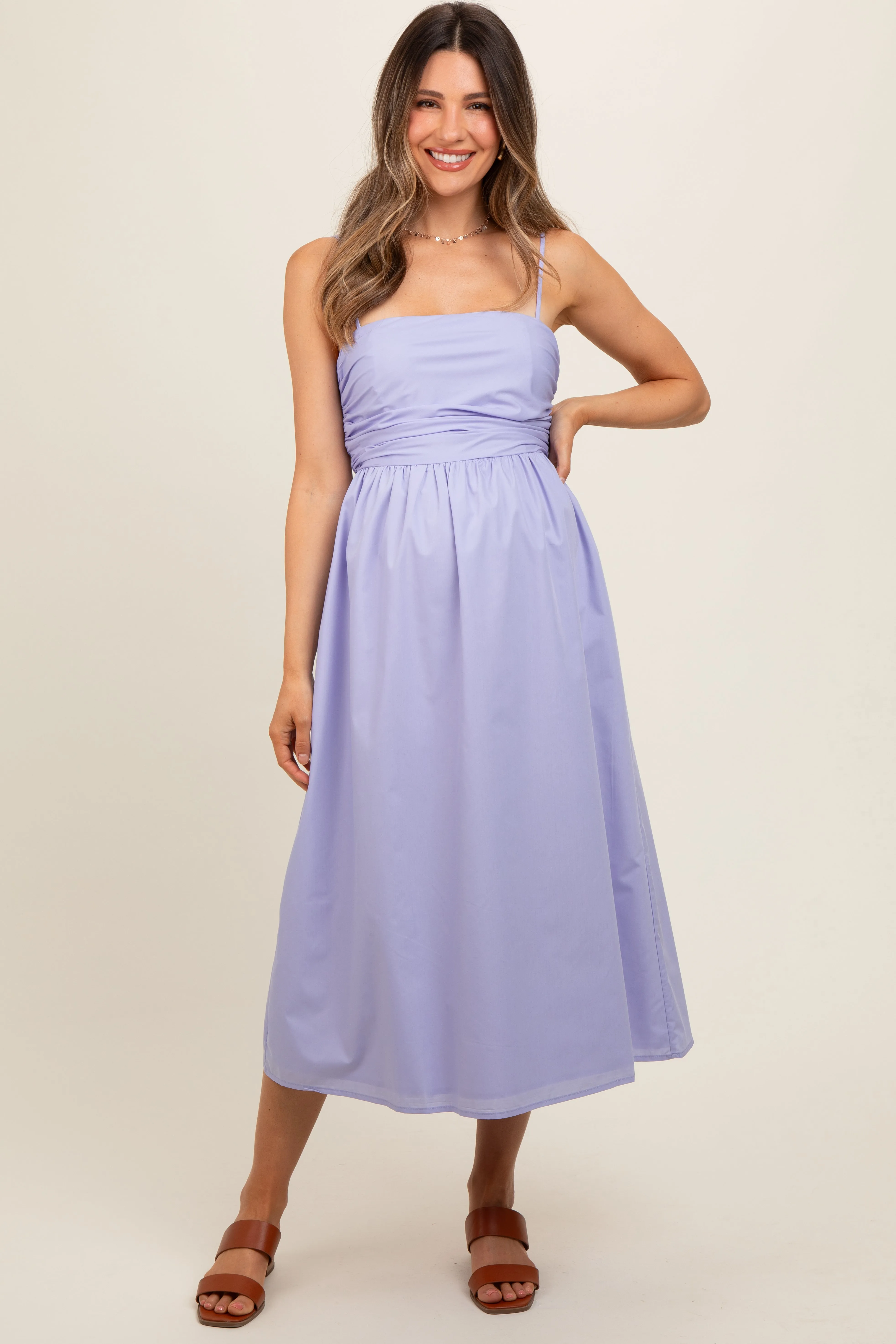 Lavender Ruched Maternity Midi Dress sold by Pinkblush