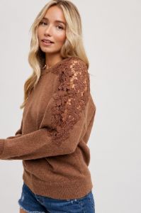Mocha Crochet Lace Shoulder Sweater sold by Pinkblush