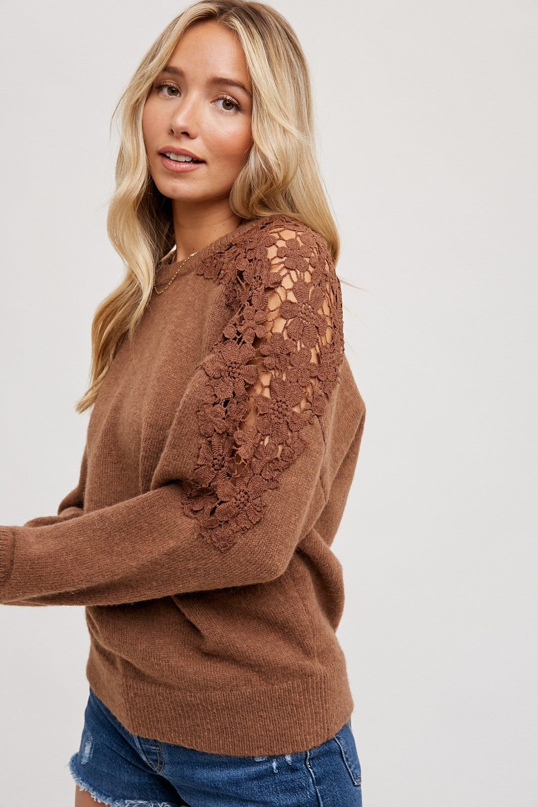 Mocha Crochet Lace Shoulder Sweater sold by Pinkblush product image thumbnail 2