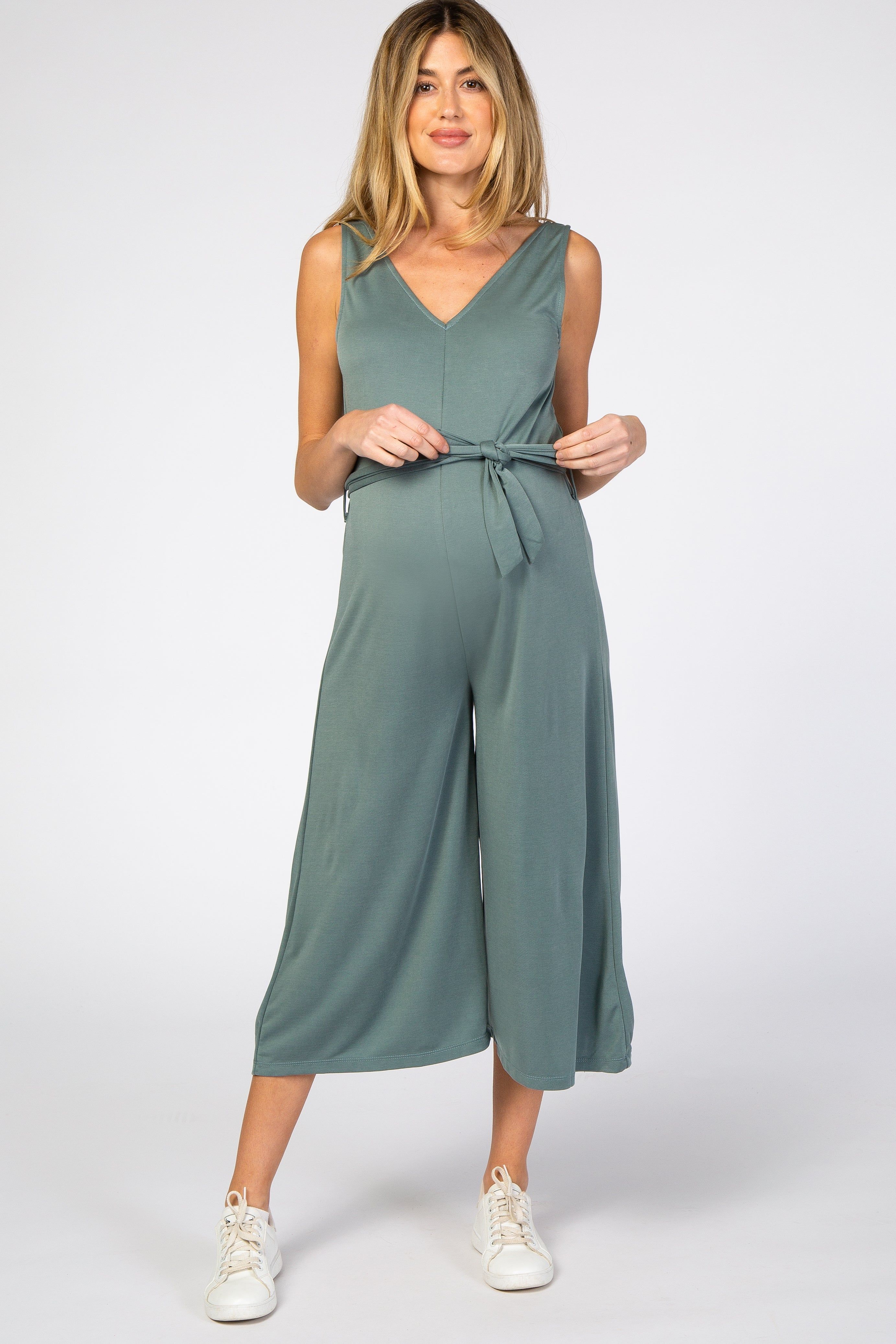 Light Teal V-Neck Tie Waist Maternity Jumpsuit sold by Pinkblush