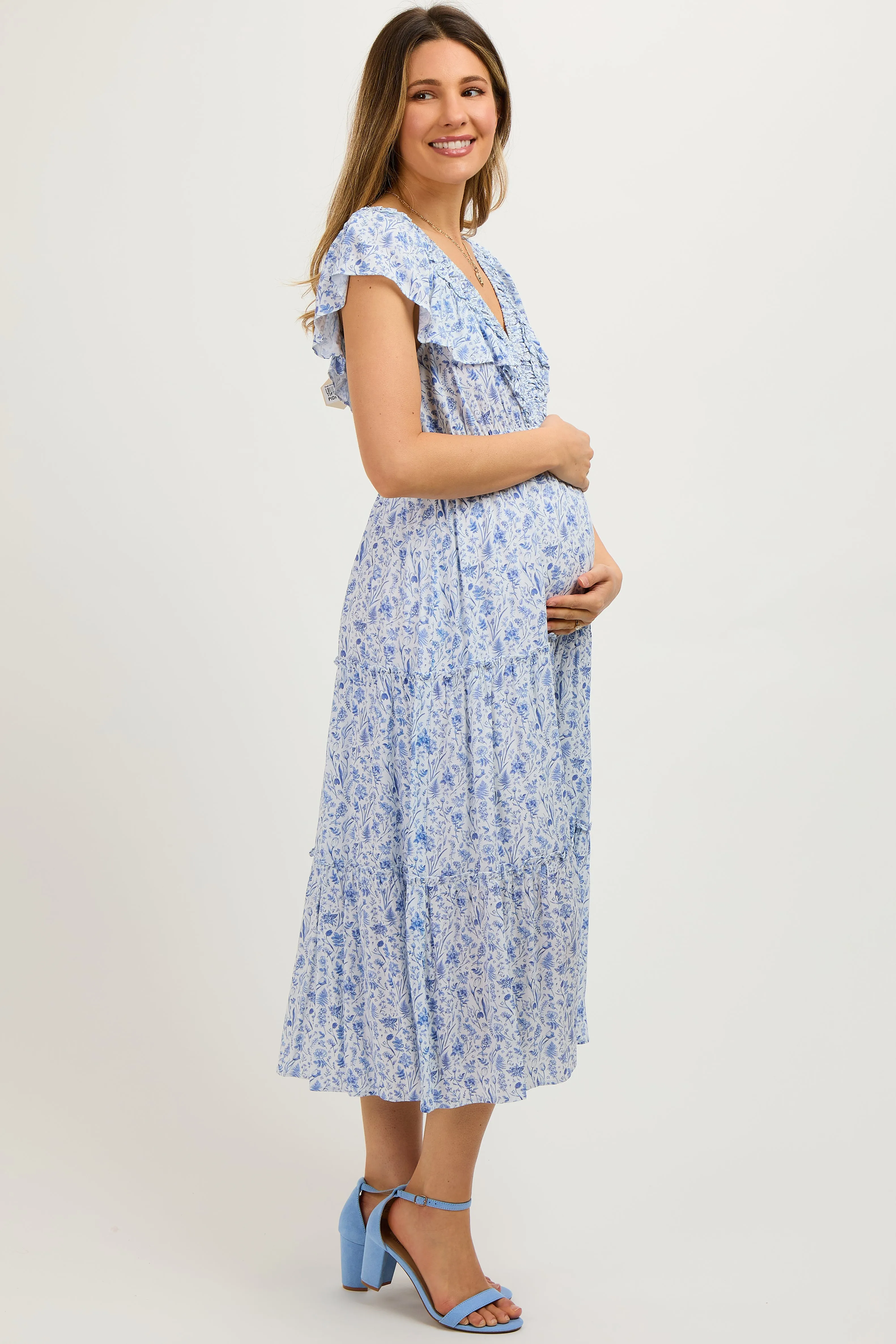 Blue Floral Front Ruched Ruffle Shoulder Tiered Maternity Midi Dress sold by Pinkblush product image thumbnail 3