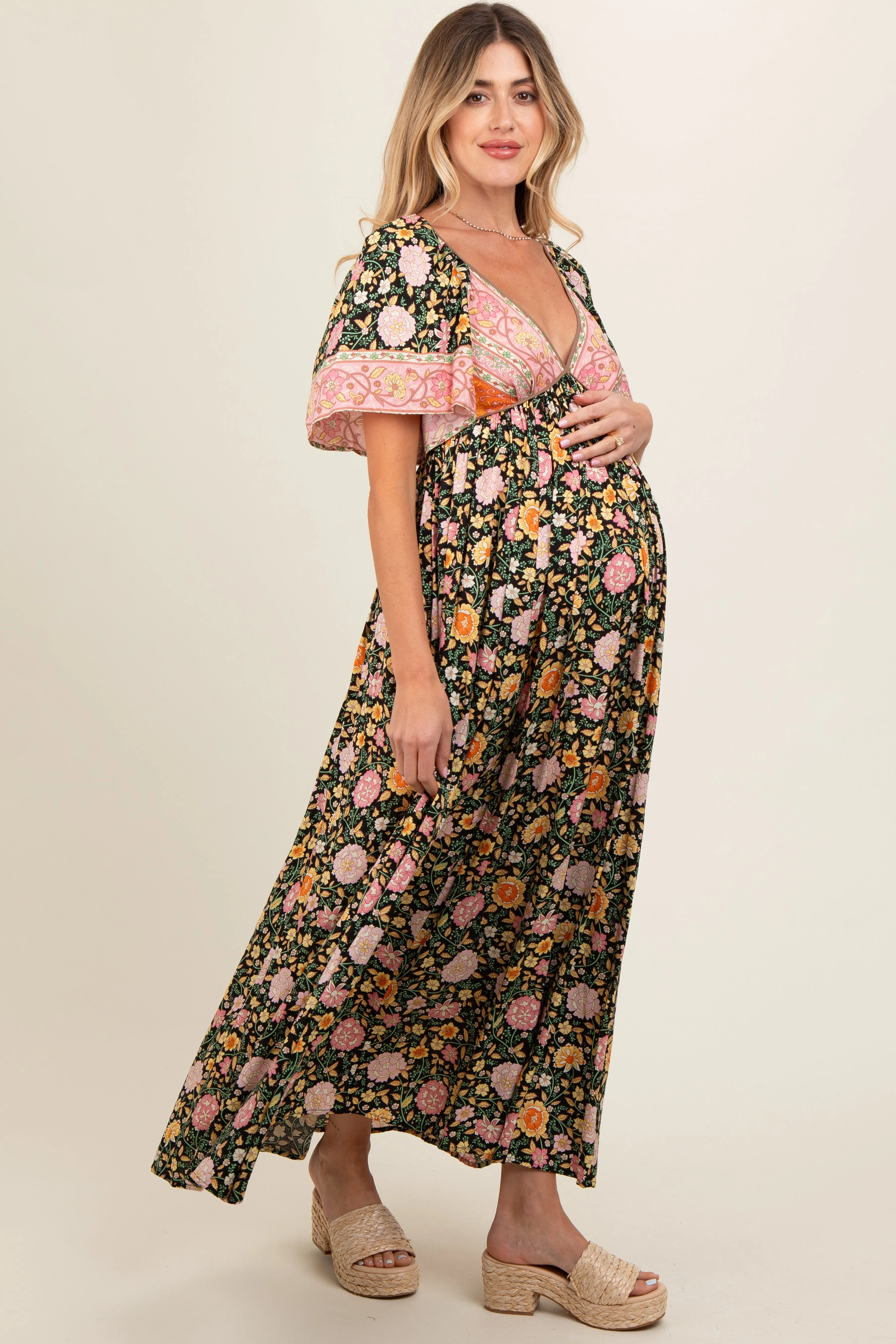 Black Floral V-Neck Short Flutter Sleeve Maternity Maxi Dress sold by Pinkblush product image thumbnail 3