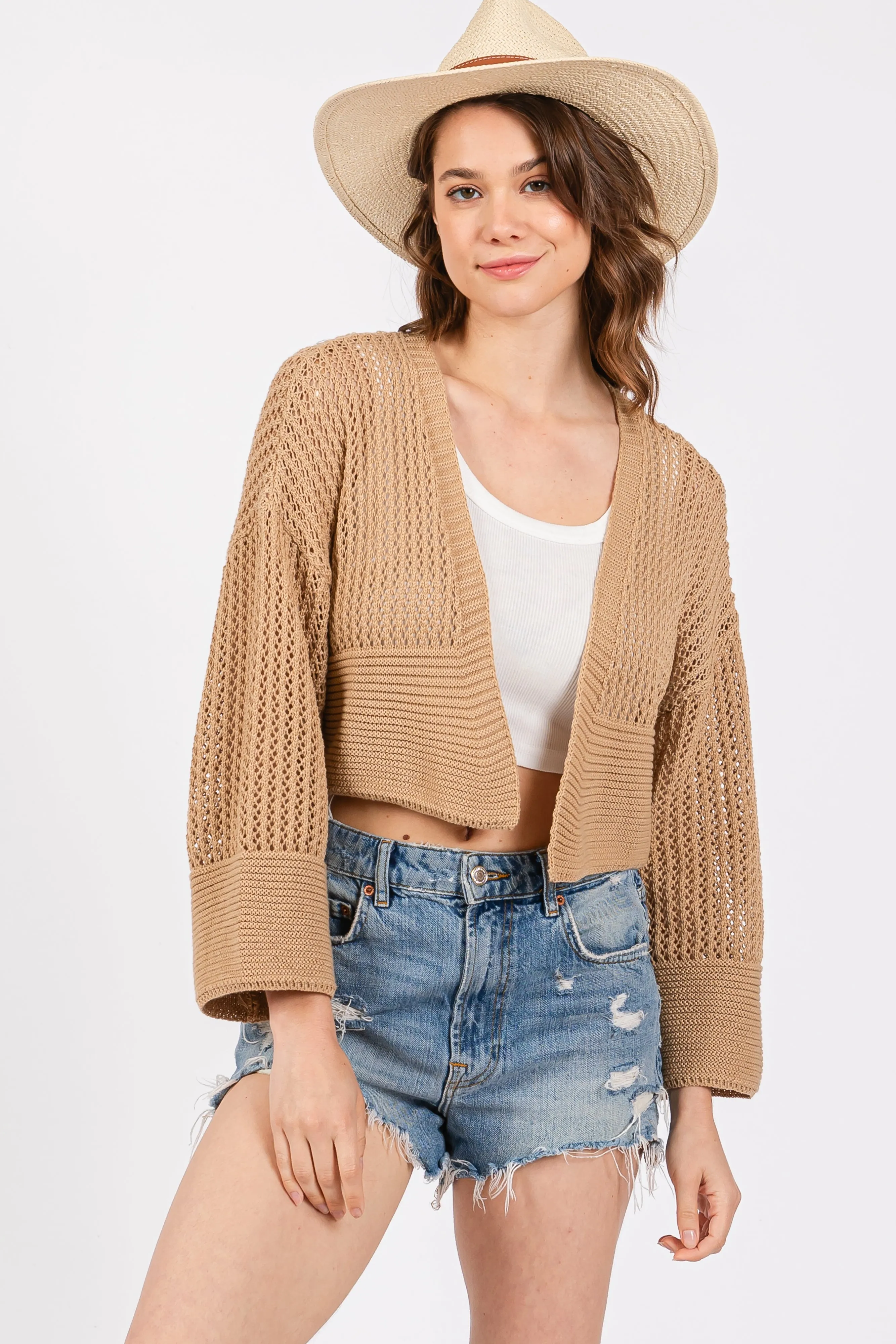 Taupe Open Knit Cropped Cardigan sold by Pinkblush product image thumbnail 2