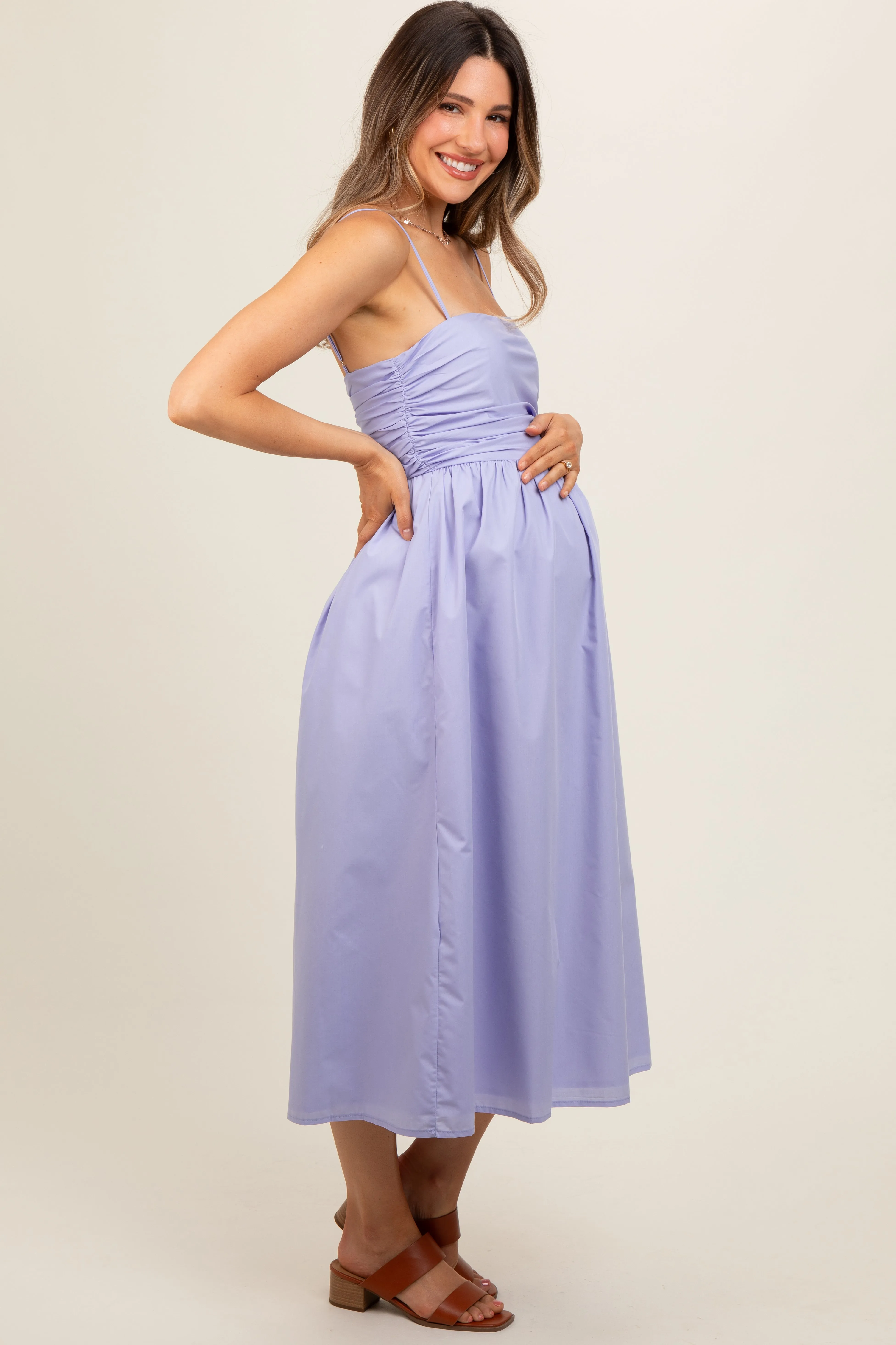 Lavender Ruched Maternity Midi Dress sold by Pinkblush product image thumbnail 2