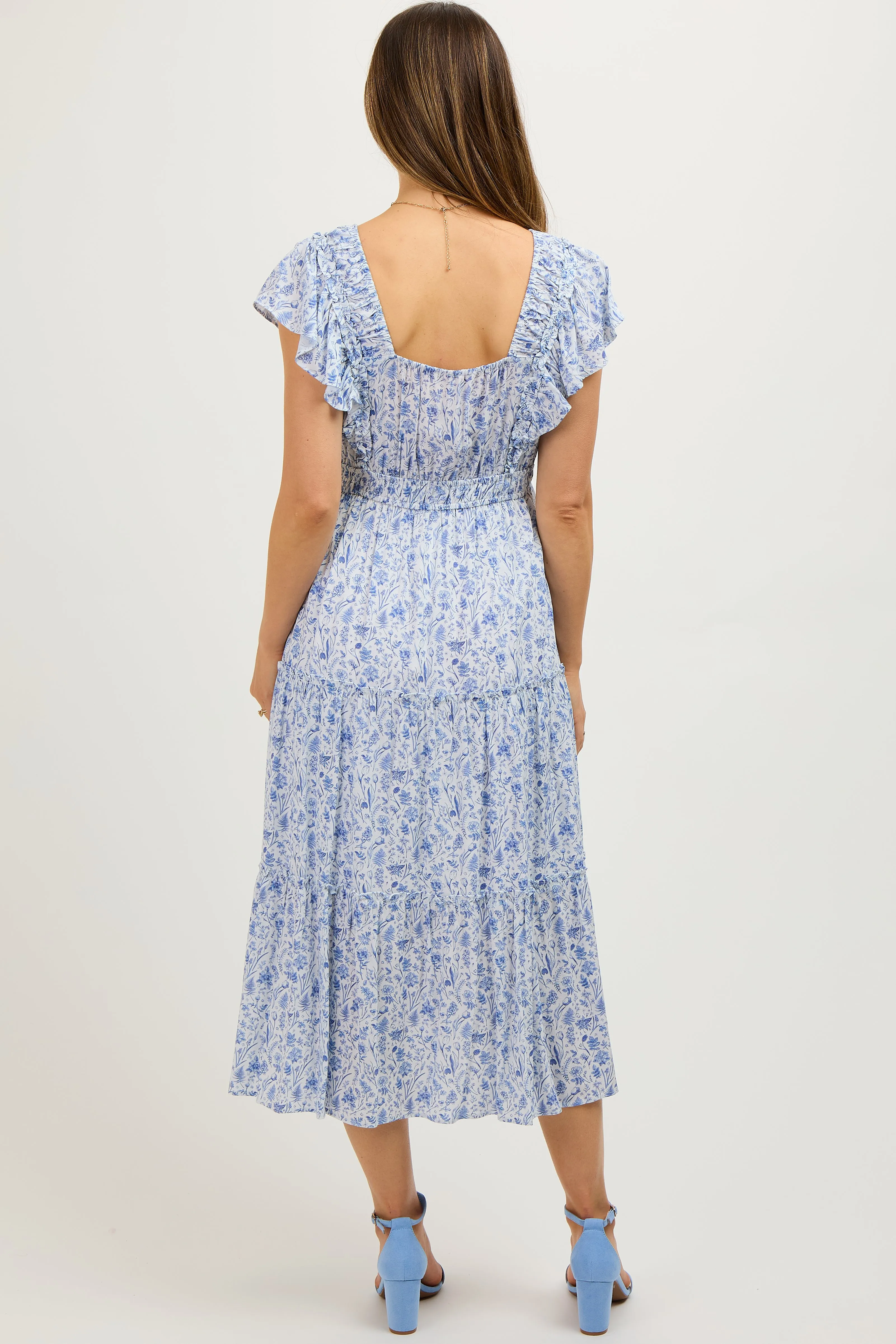 Blue Floral Front Ruched Ruffle Shoulder Tiered Maternity Midi Dress sold by Pinkblush product image thumbnail 4
