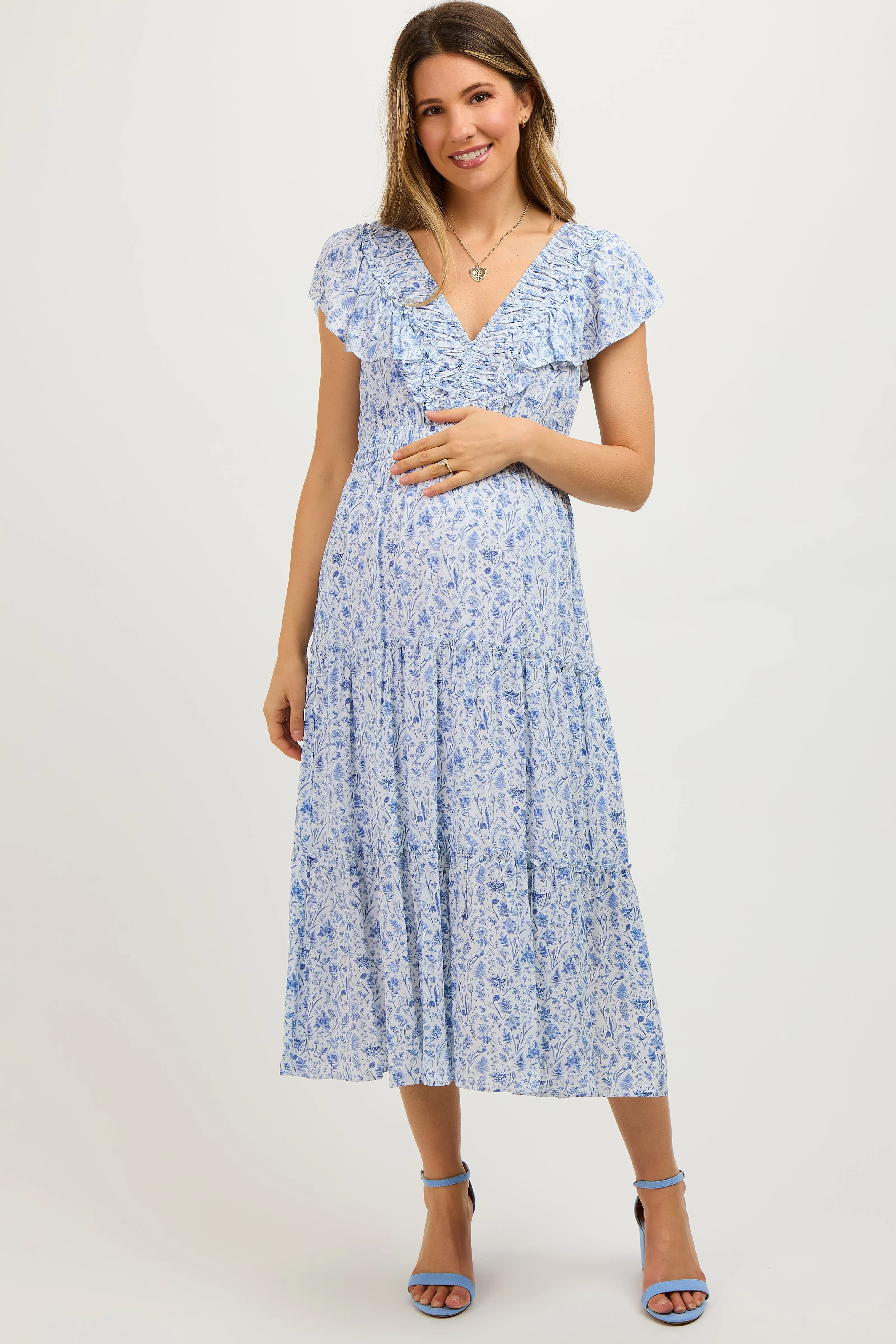Blue Floral Front Ruched Ruffle Shoulder Tiered Maternity Midi Dress sold by Pinkblush