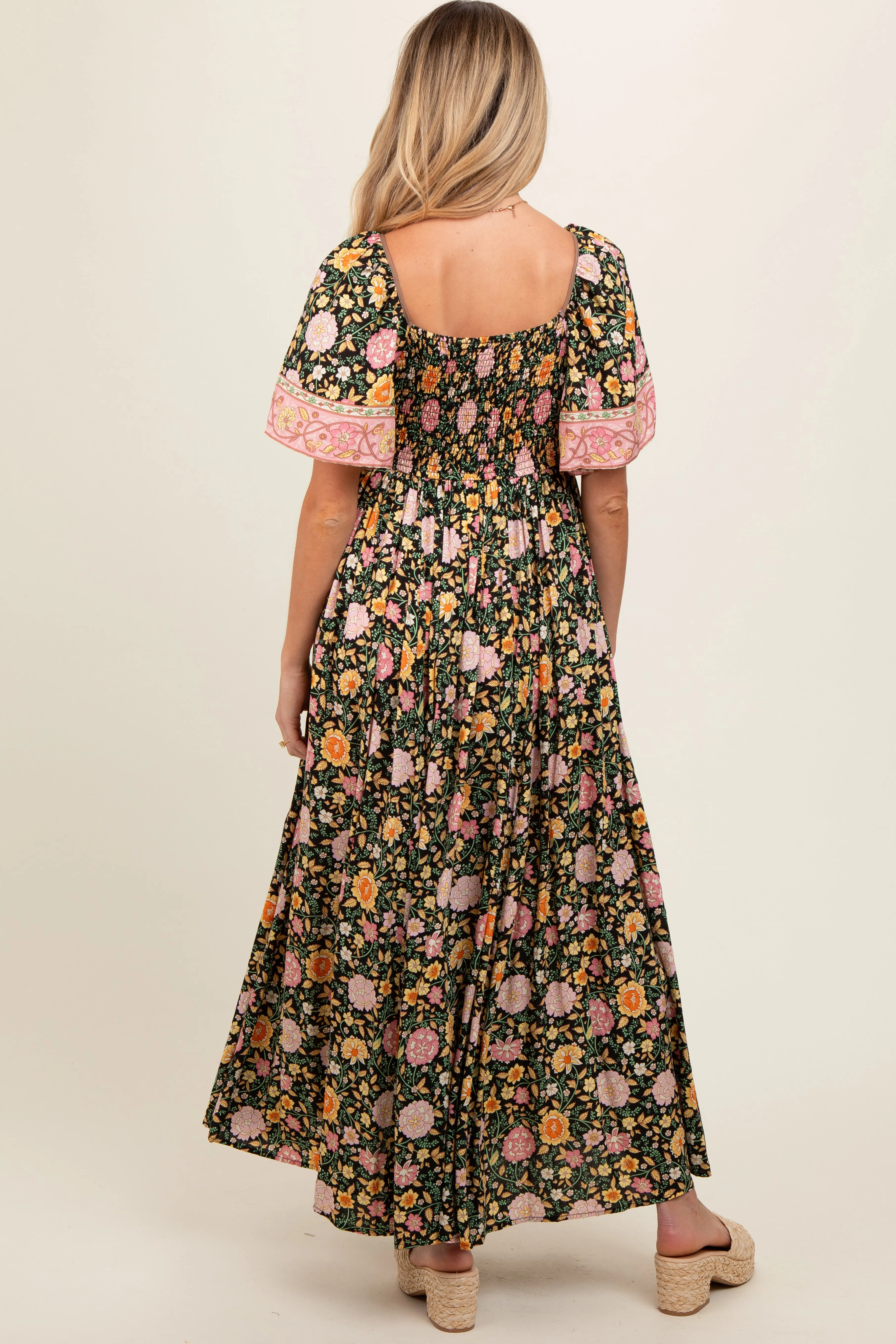 Black Floral V-Neck Short Flutter Sleeve Maternity Maxi Dress sold by Pinkblush product image thumbnail 4