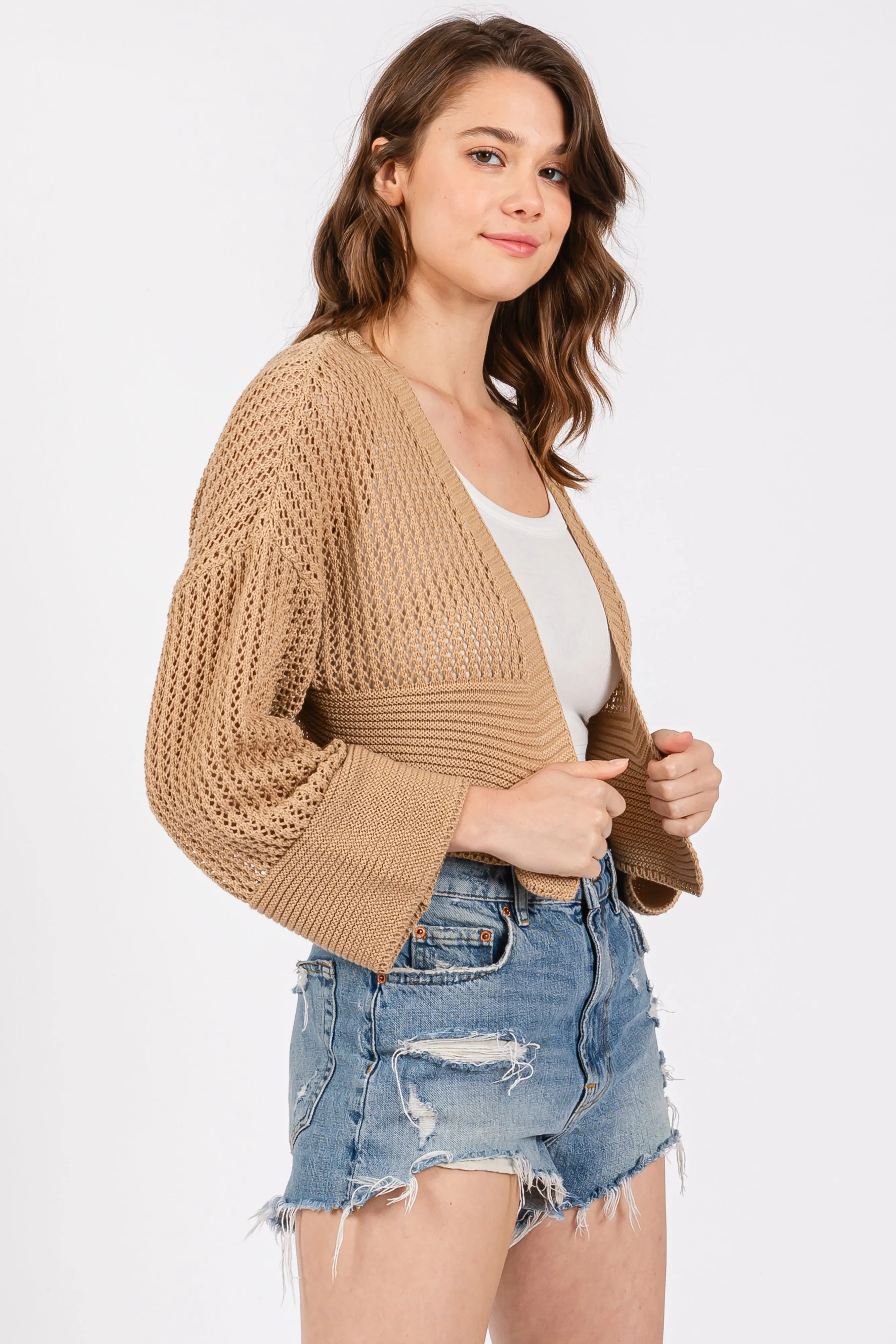 Taupe Open Knit Cropped Cardigan sold by Pinkblush product image thumbnail 3