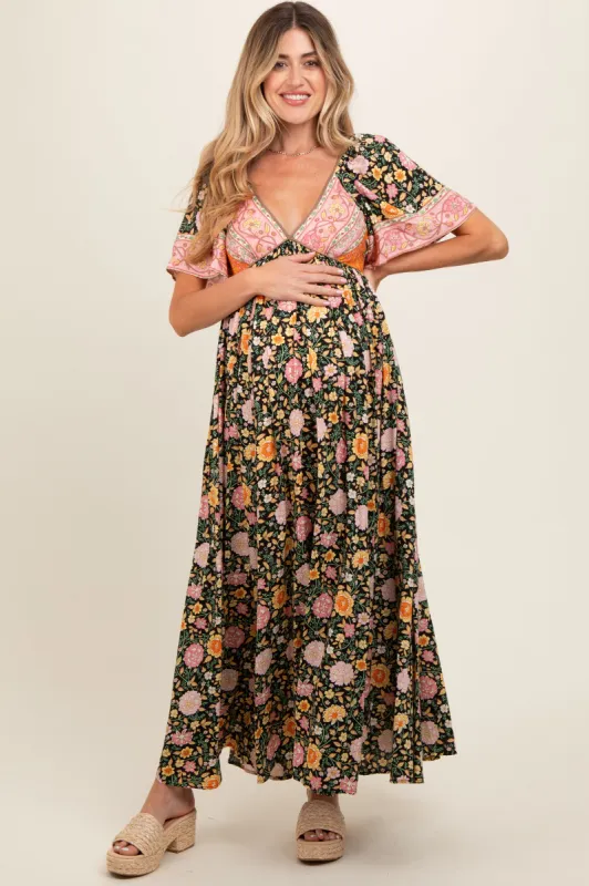 Black Floral V-Neck Short Flutter Sleeve Maternity Maxi Dress sold by Pinkblush