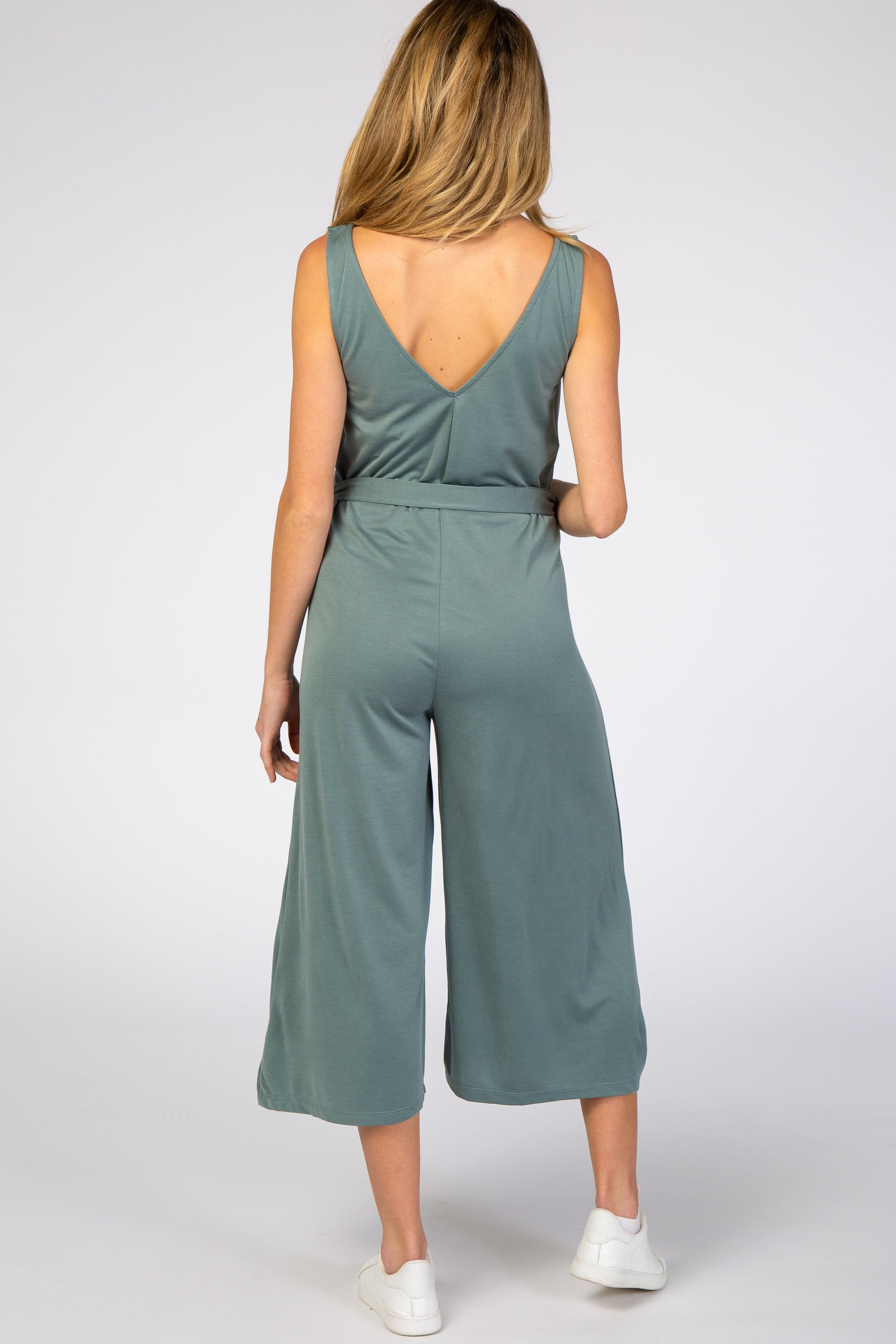 Light Teal V-Neck Tie Waist Maternity Jumpsuit sold by Pinkblush product image thumbnail 3