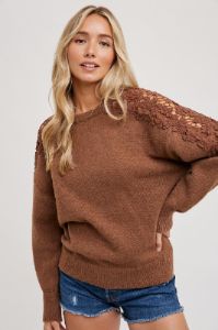 Mocha Crochet Lace Shoulder Sweater sold by Pinkblush