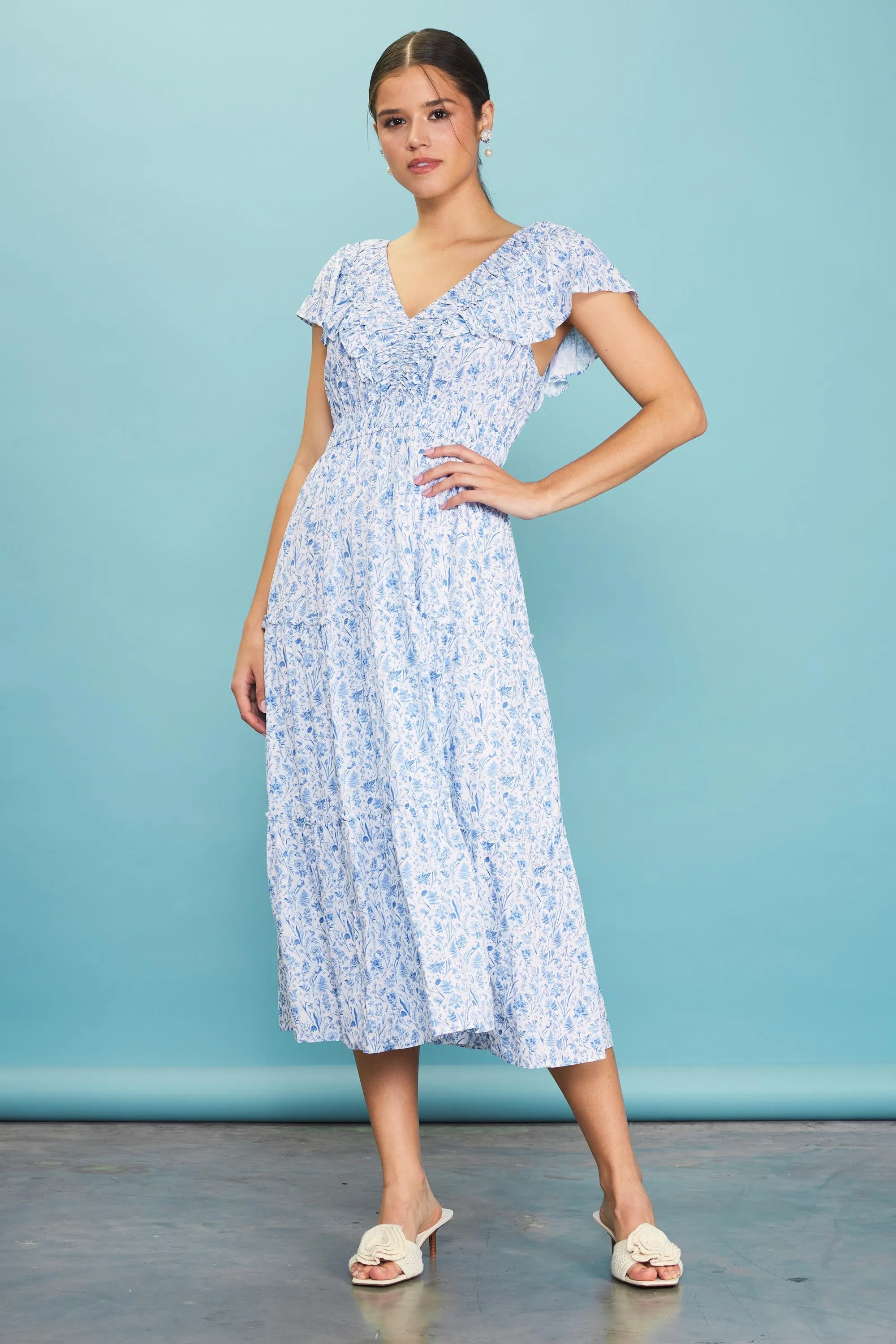 Blue Floral Front Ruched Ruffle Shoulder Tiered Maternity Midi Dress sold by Pinkblush product image thumbnail 5