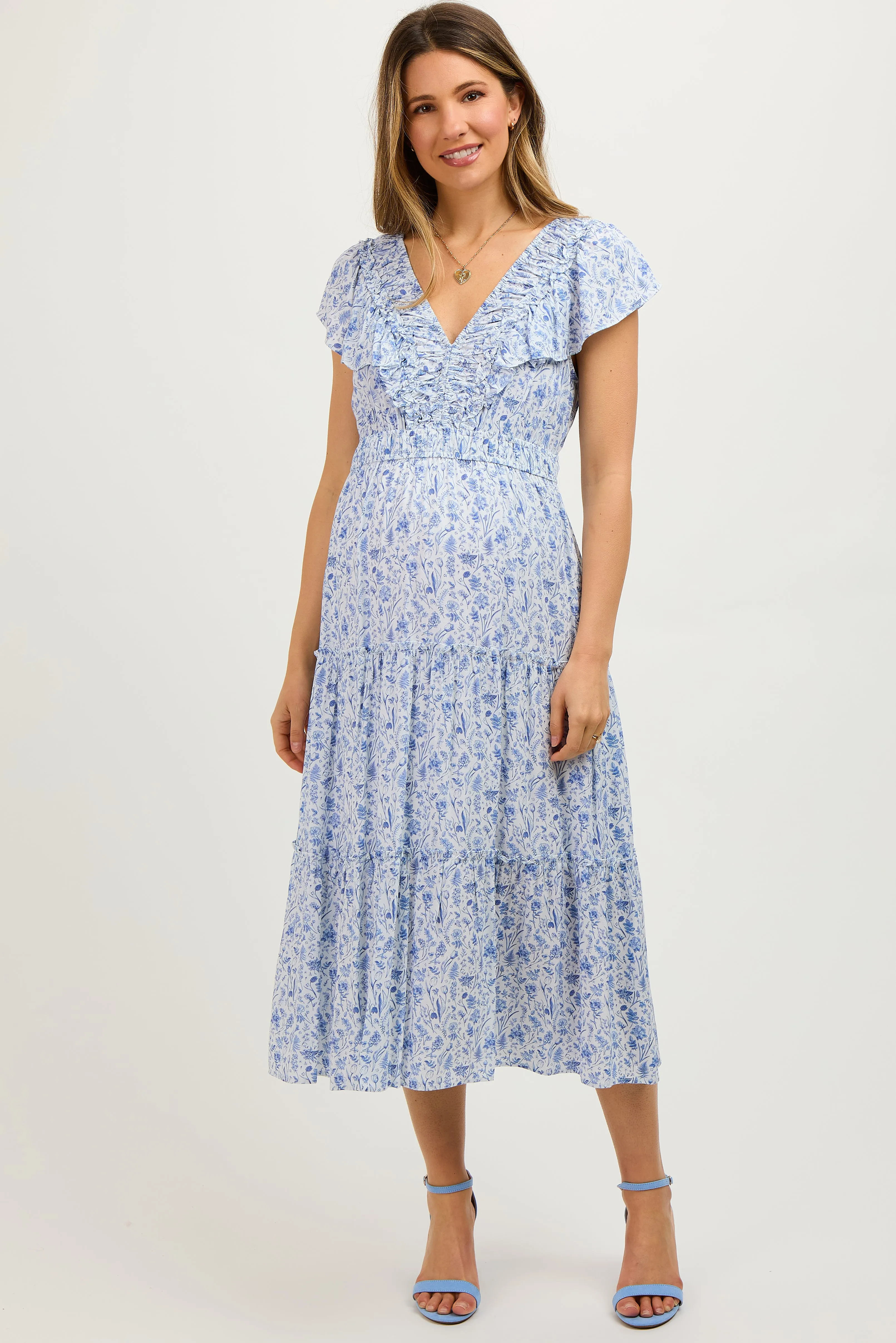Blue Floral Front Ruched Ruffle Shoulder Tiered Maternity Midi Dress sold by Pinkblush product image thumbnail 2