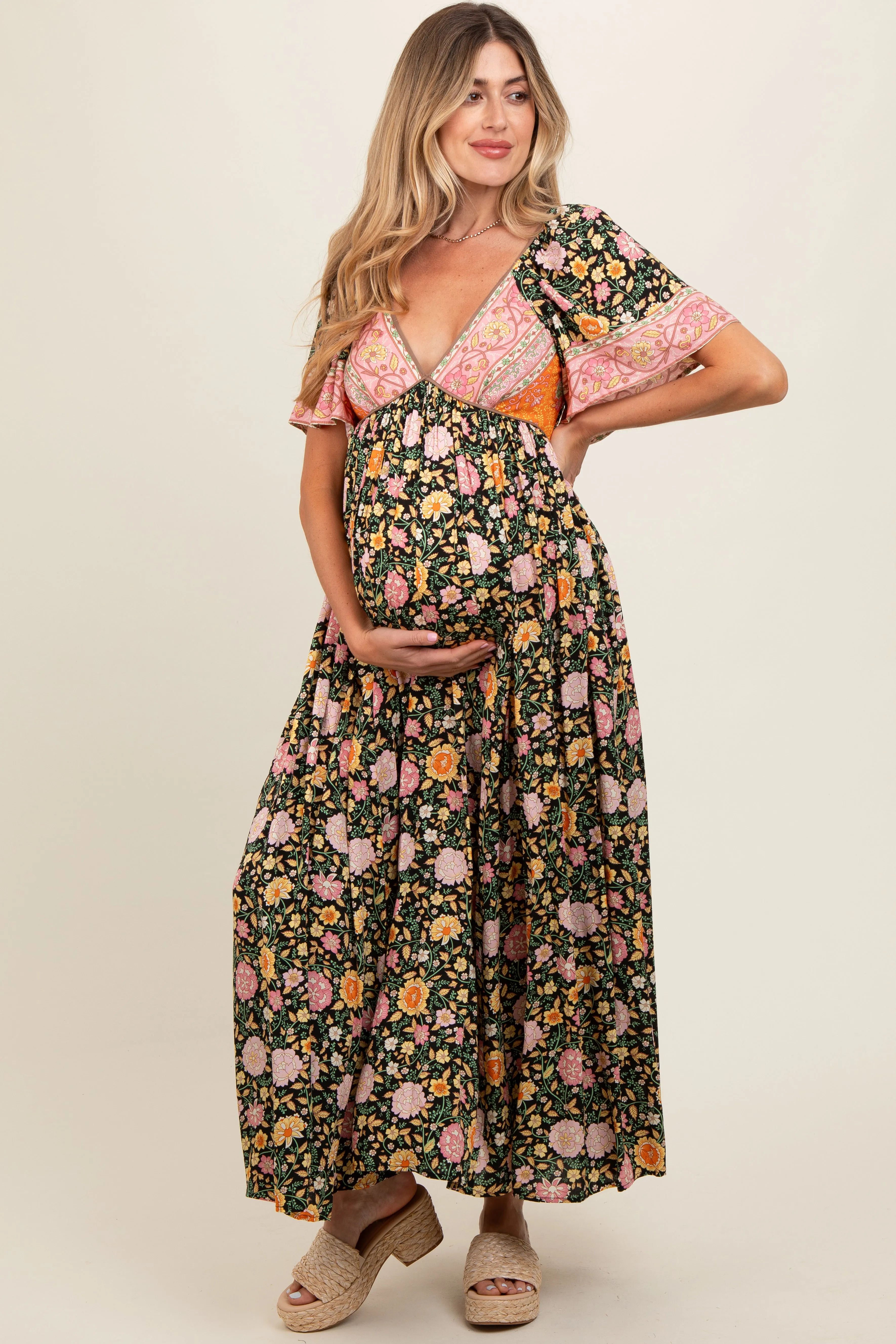 Black Floral V-Neck Short Flutter Sleeve Maternity Maxi Dress sold by Pinkblush product image thumbnail 2
