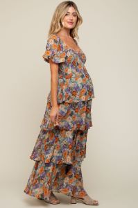 Blue Floral Smocked Square Neck Ruffle Layered Maternity Maxi Dress sold by Pinkblush