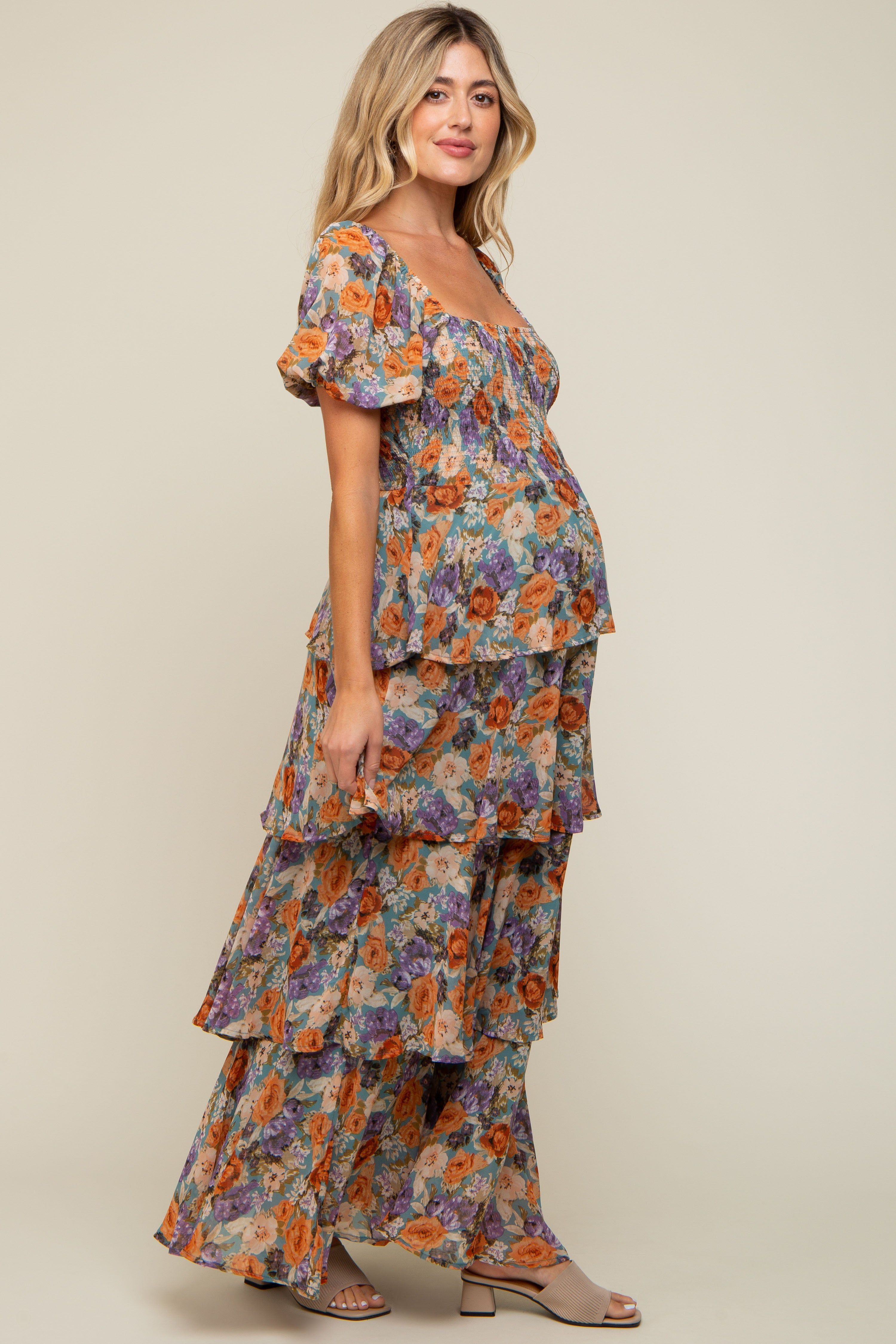 Blue Floral Smocked Square Neck Ruffle Layered Maternity Maxi Dress sold by Pinkblush product image thumbnail 3