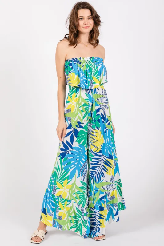 Multi-Color Palm Strapless Ruffle Wide Leg Jumpsuit sold by Pinkblush