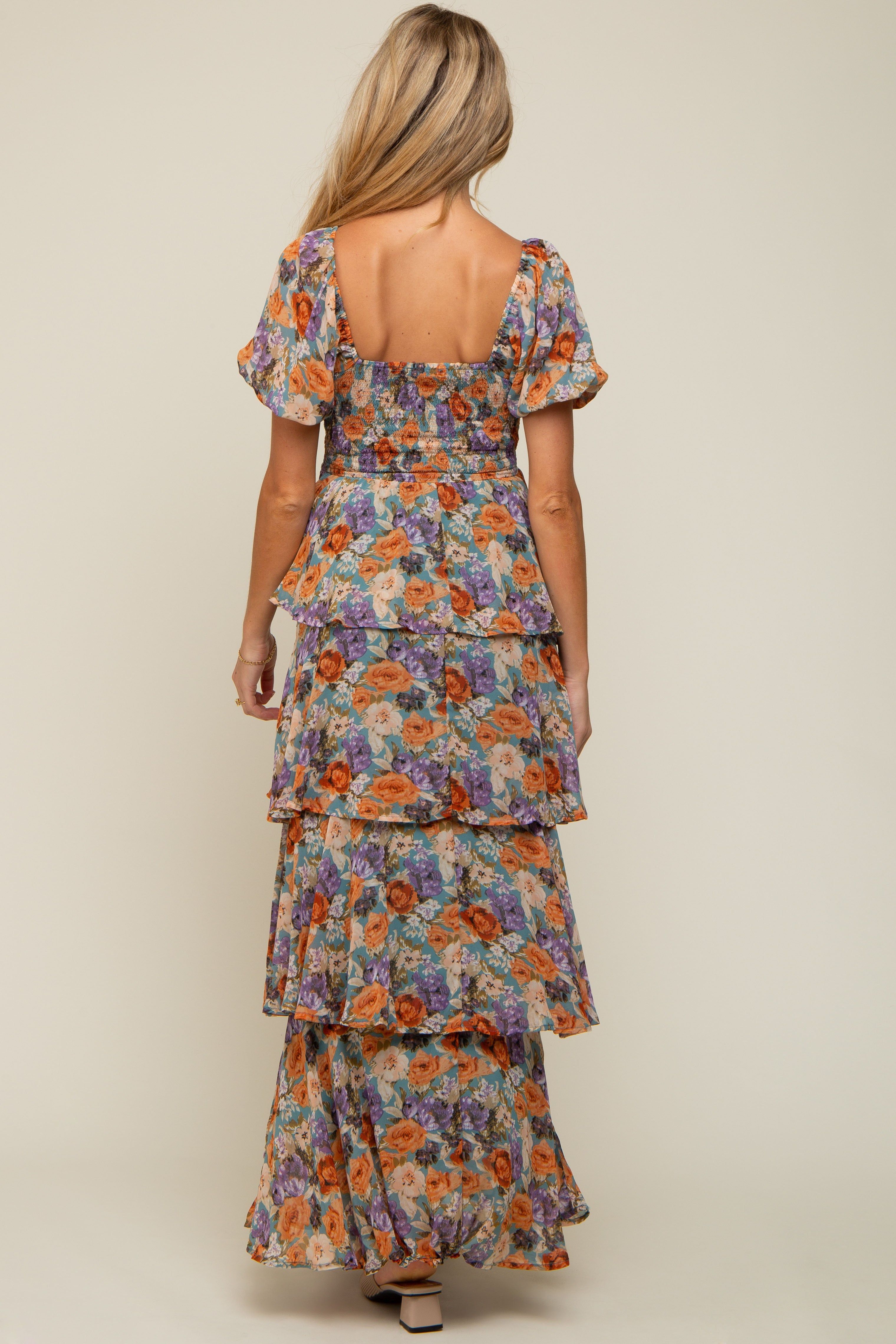 Blue Floral Smocked Square Neck Ruffle Layered Maternity Maxi Dress sold by Pinkblush product image thumbnail 4