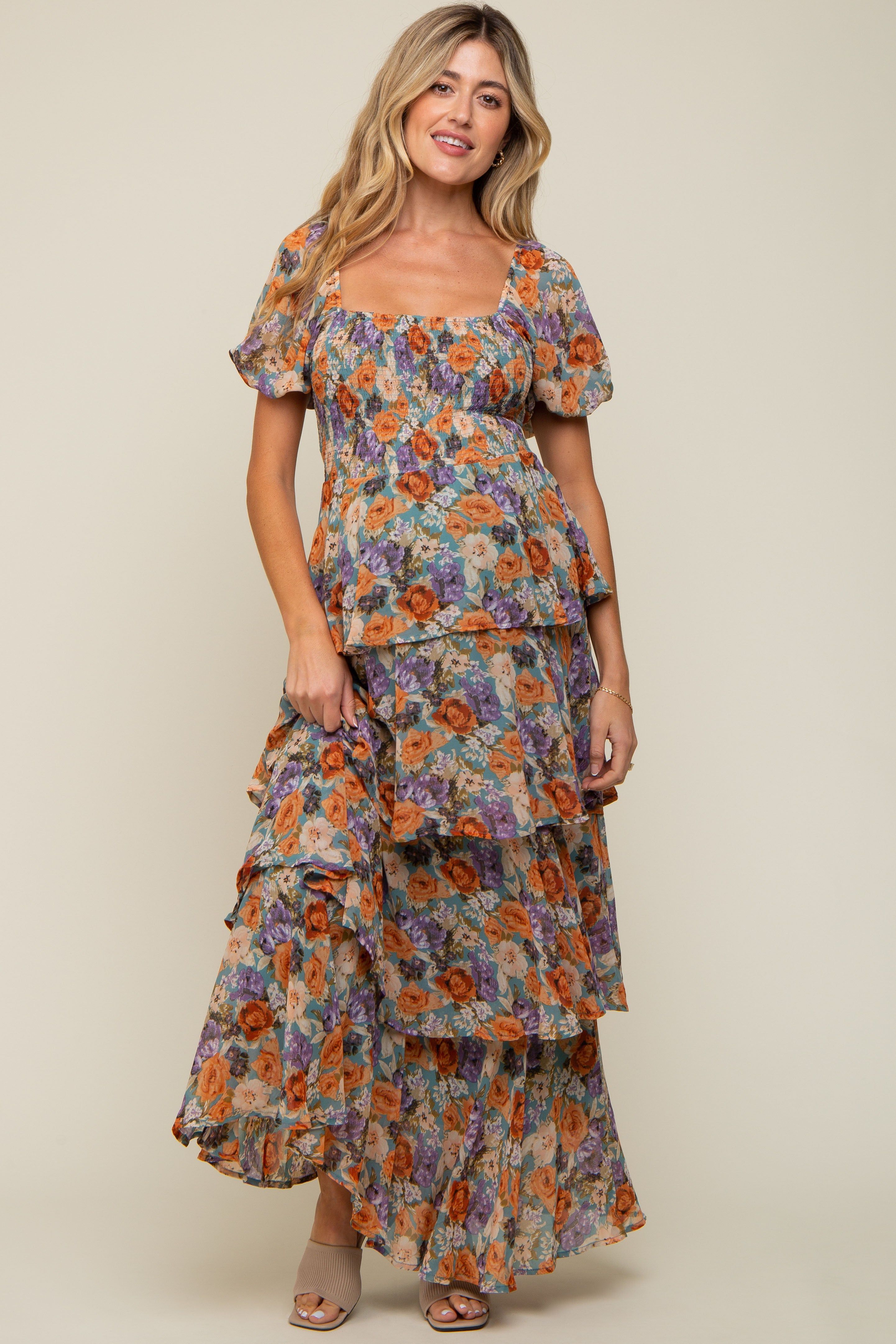 Blue Floral Smocked Square Neck Ruffle Layered Maternity Maxi Dress sold by Pinkblush