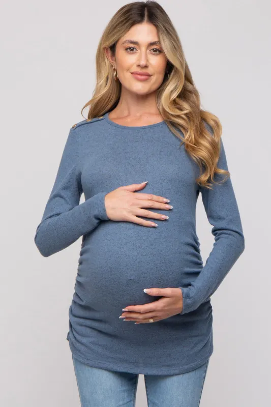 Blue Soft Knit Button Shoulder Ruched Side Maternity Top sold by Pinkblush