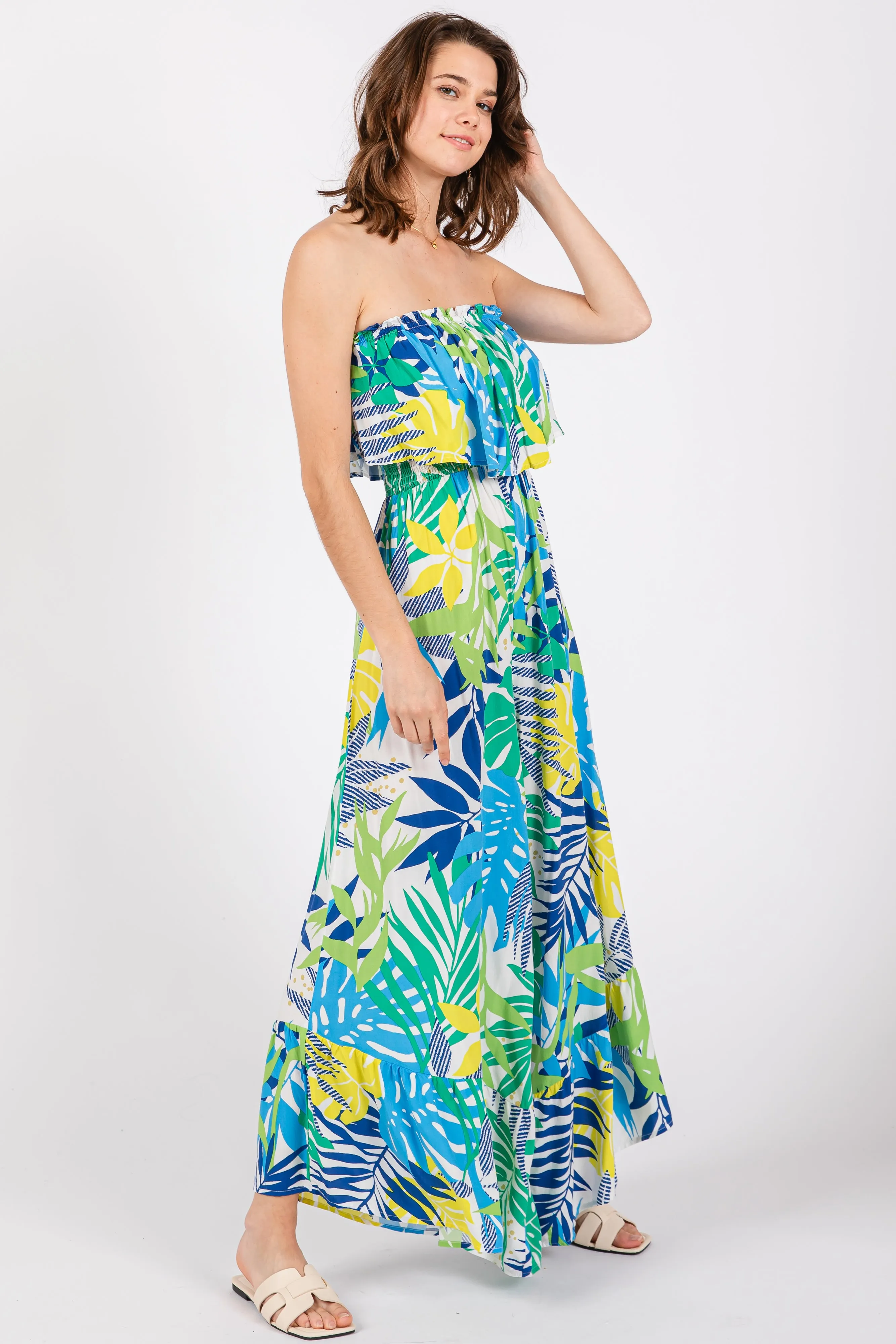 Multi-Color Palm Strapless Ruffle Wide Leg Jumpsuit sold by Pinkblush product image thumbnail 2
