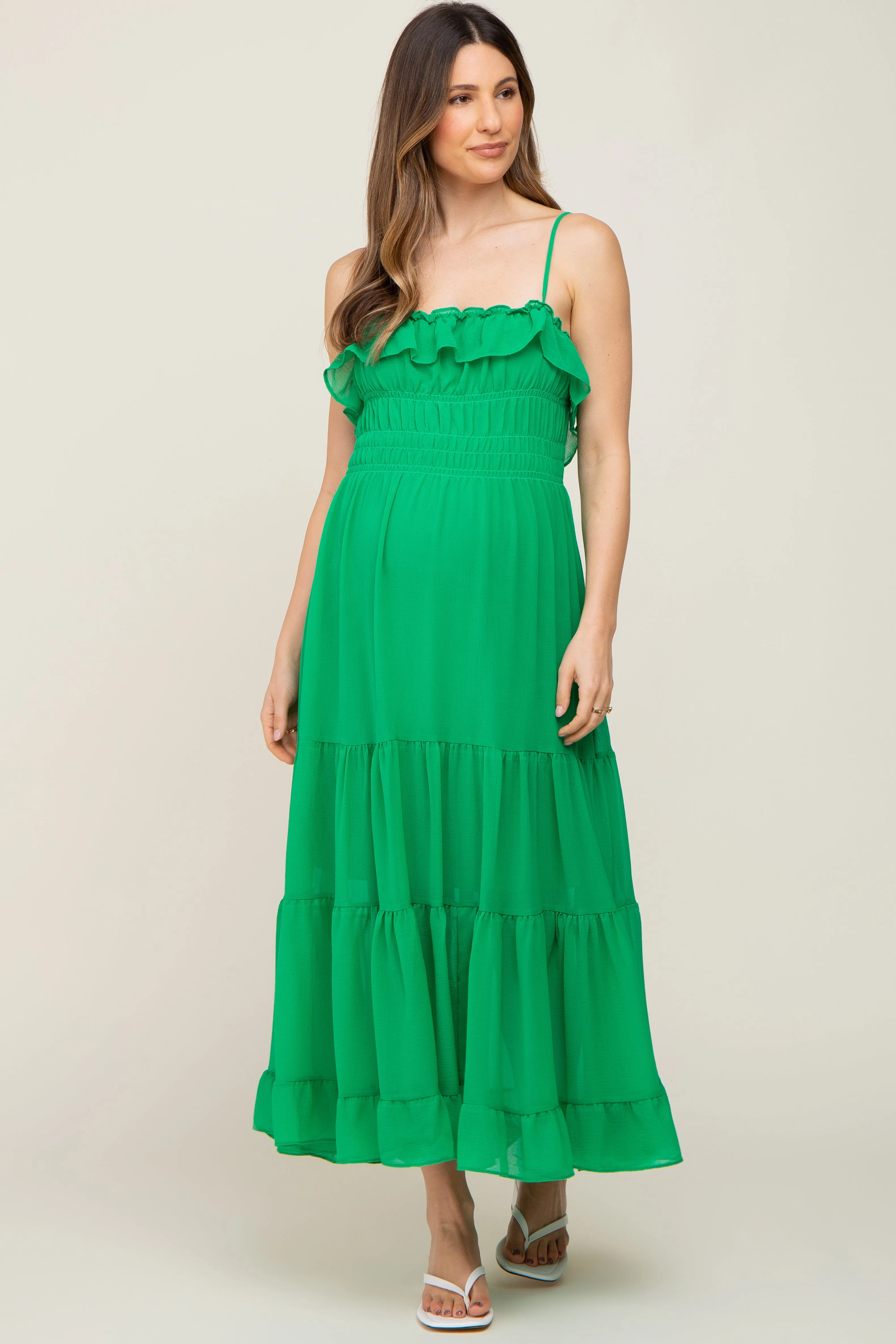 Green Shirred Ruffle Maternity Midi Dress sold by Pinkblush product image thumbnail 3