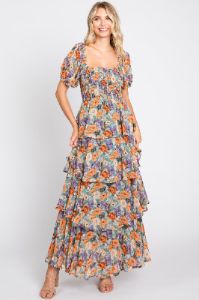 Blue Floral Smocked Square Neck Ruffle Layered Maternity Maxi Dress sold by Pinkblush
