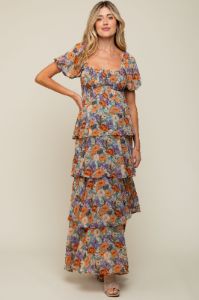 Blue Floral Smocked Square Neck Ruffle Layered Maternity Maxi Dress sold by Pinkblush