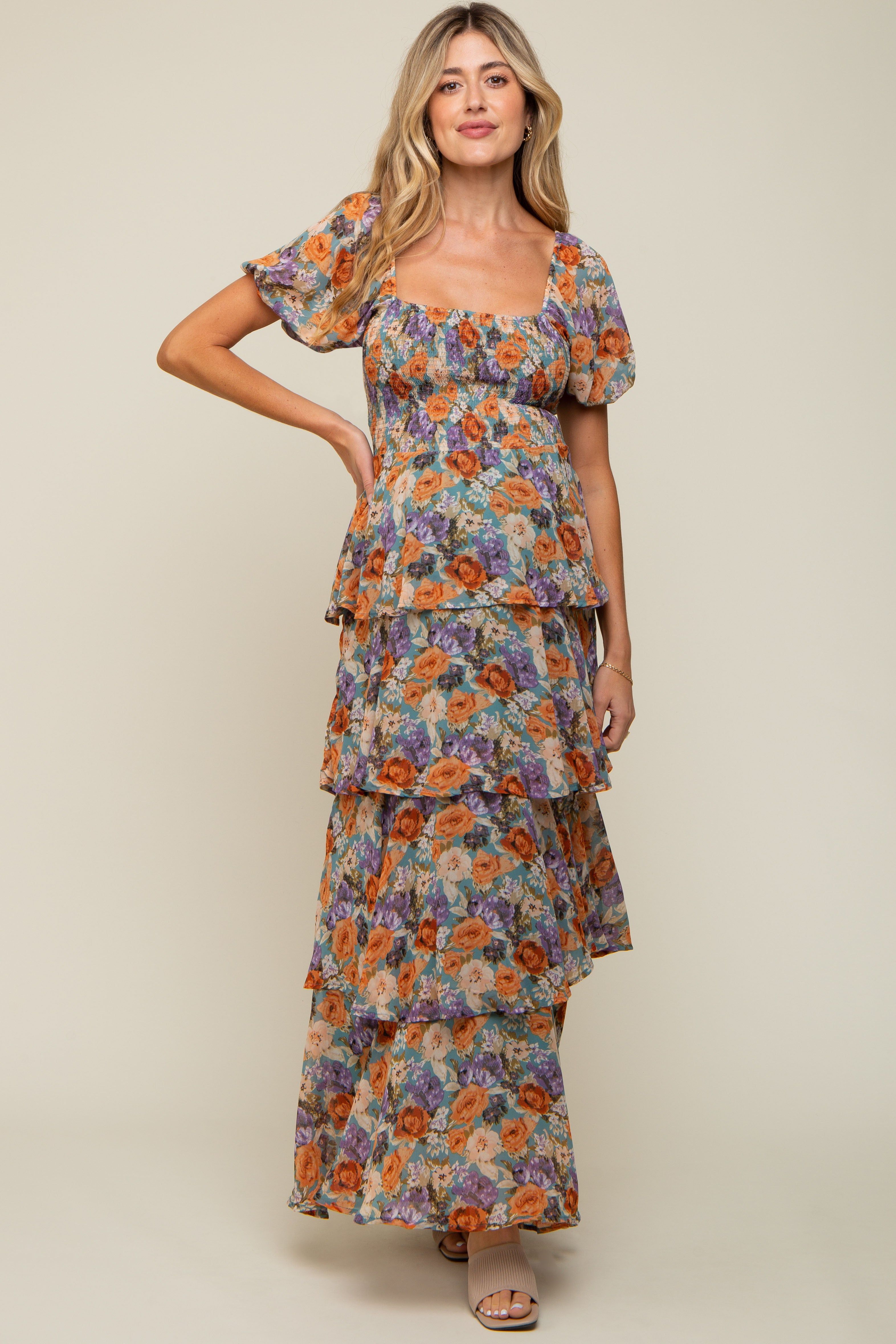 Blue Floral Smocked Square Neck Ruffle Layered Maternity Maxi Dress sold by Pinkblush product image thumbnail 2